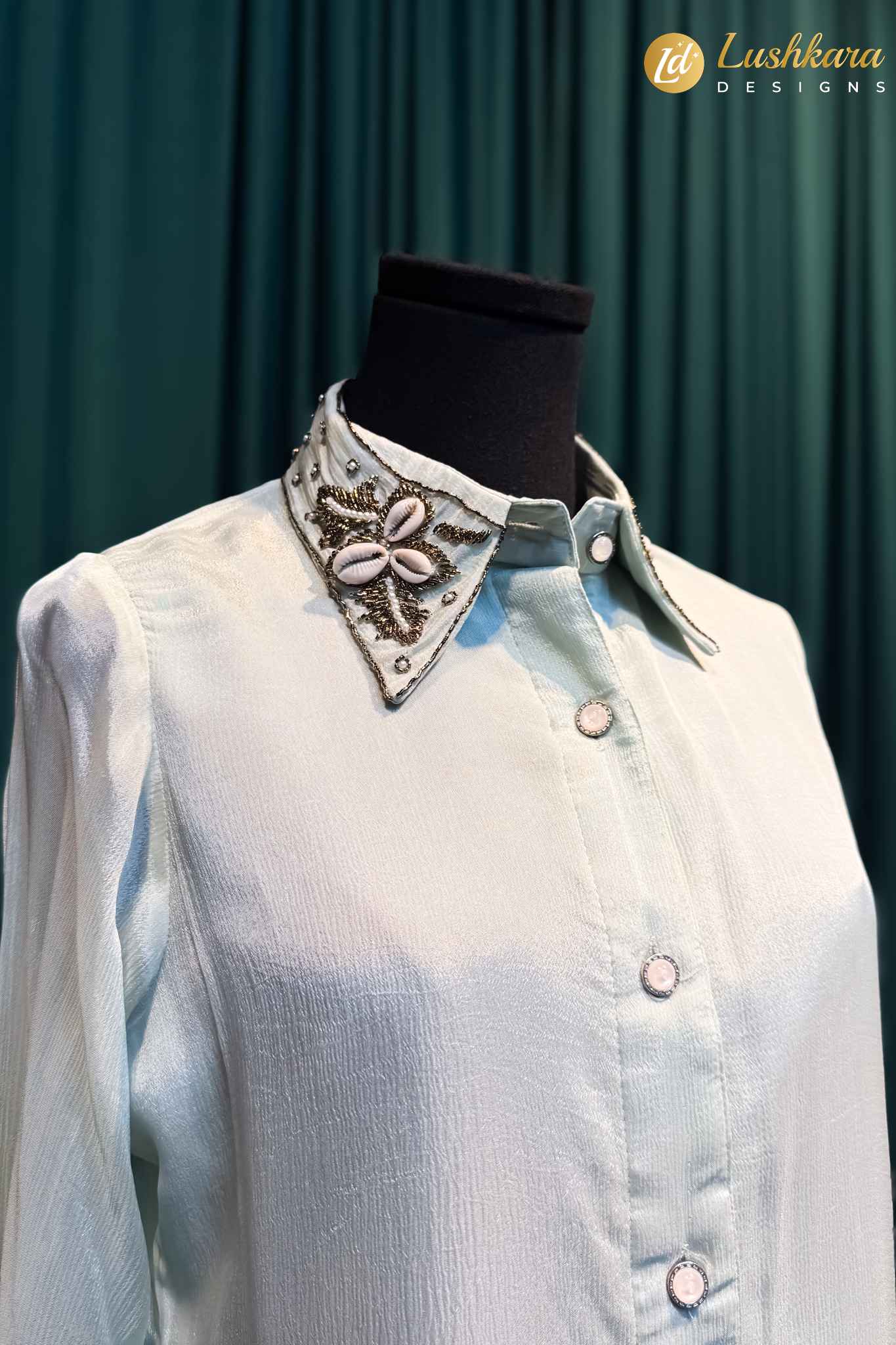 Lushkara Mint Embroidered Collar Long Shirt