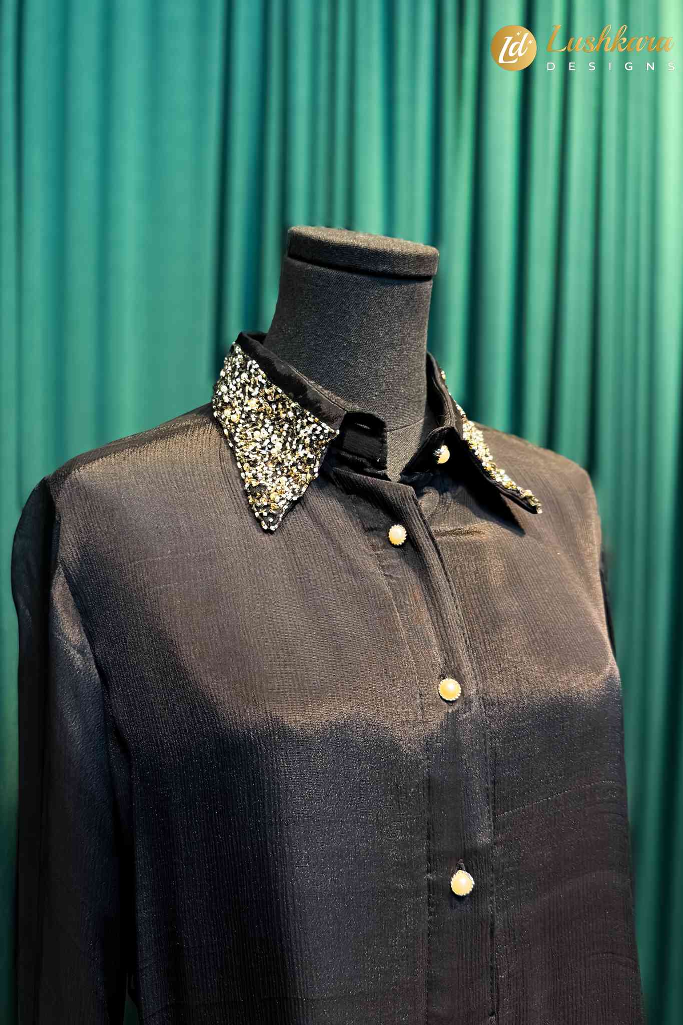 Lushkara Black Embellished Collar Shirt– Elegant Party Wear