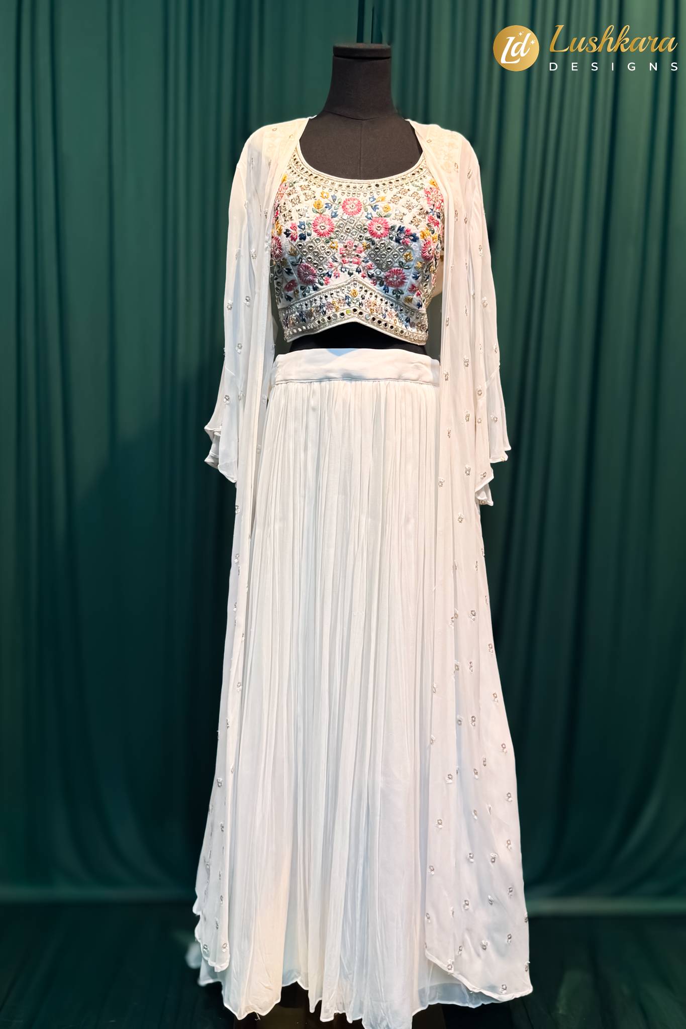 Lushkara White Mirror Work Lehenga Set