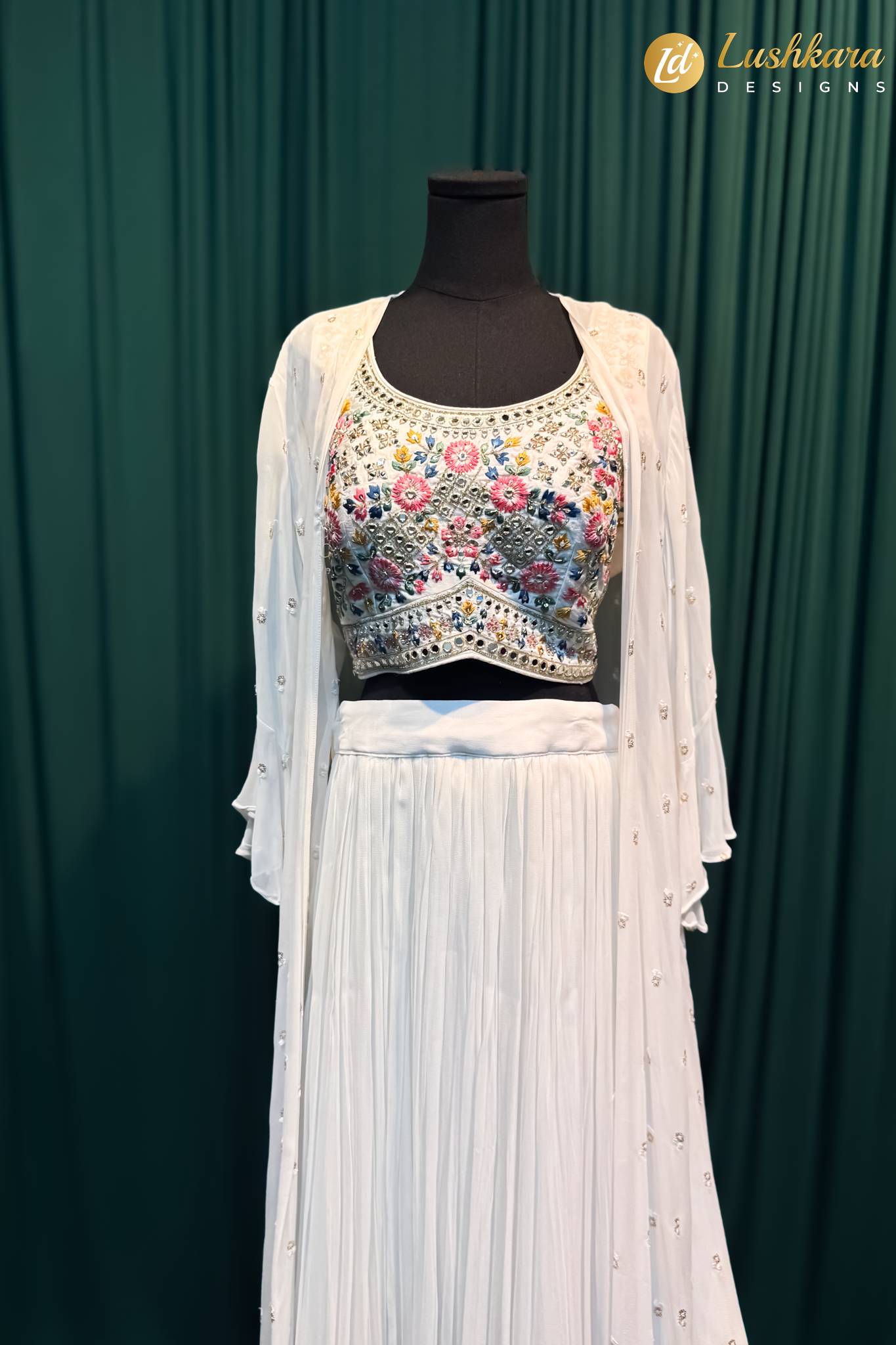 Lushkara White Mirror Work Lehenga Set