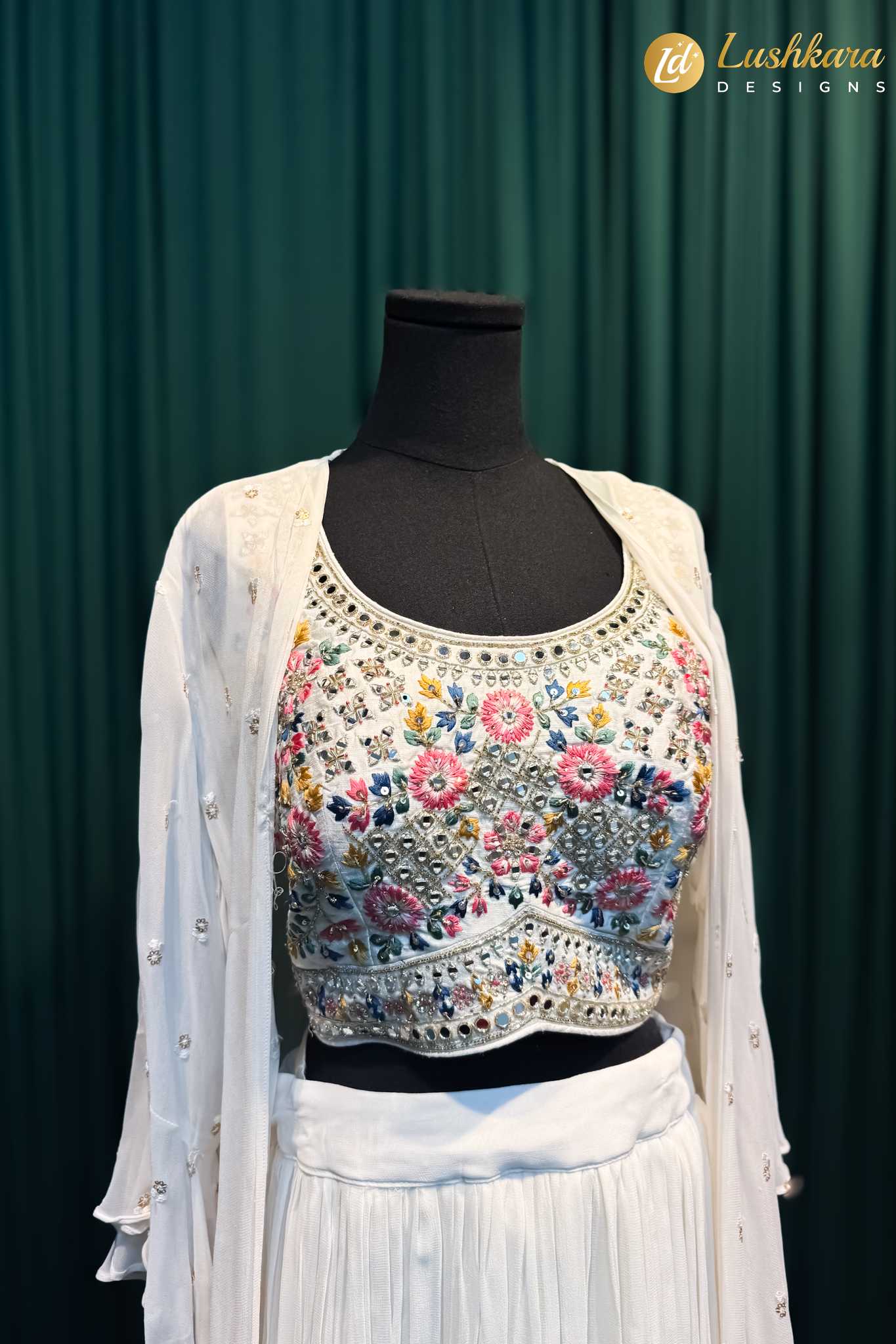 Lushkara White Mirror Work Lehenga Set