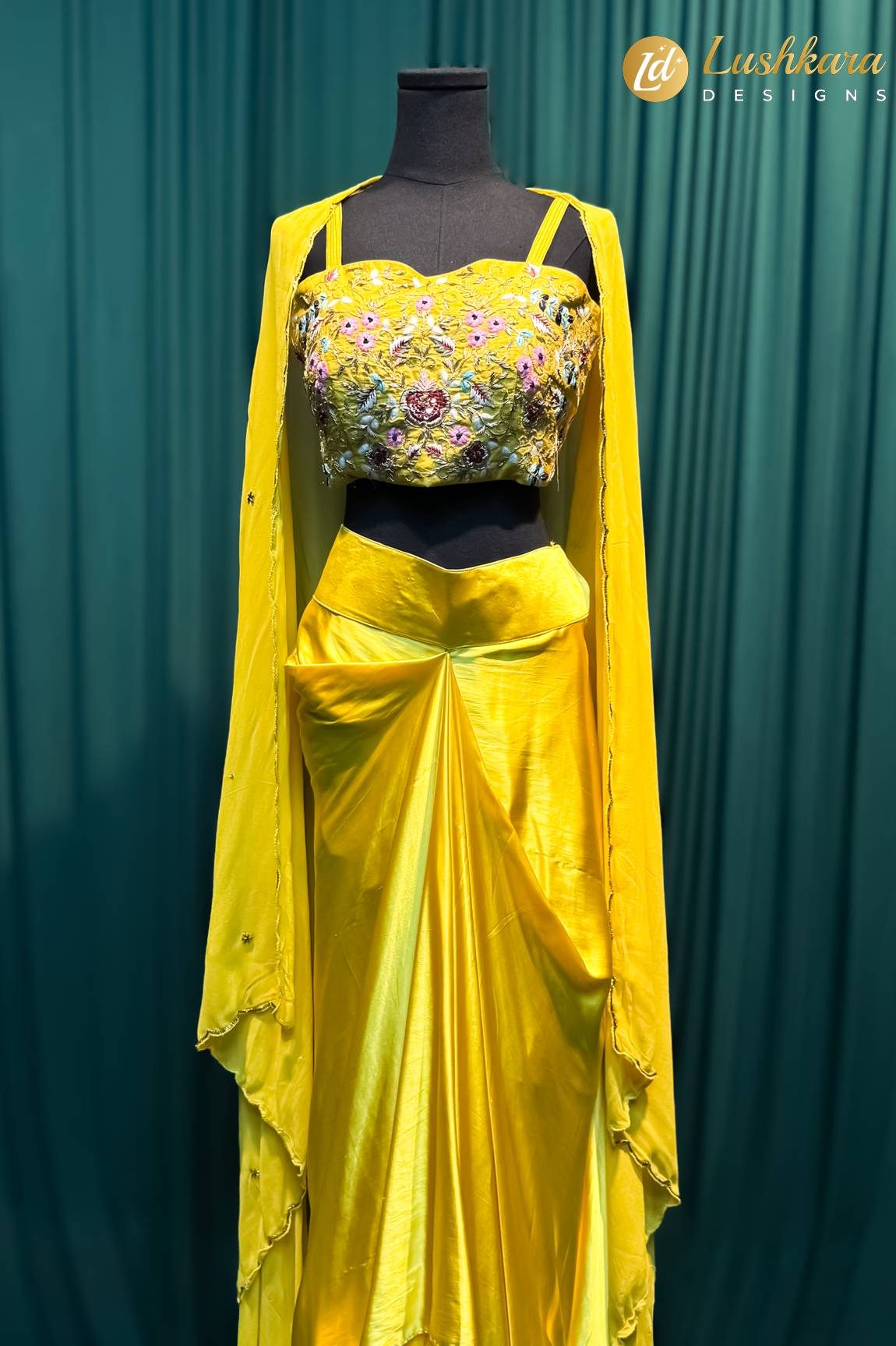 Lushkara Yellow Embroidered Crop Top With Draped Skirt