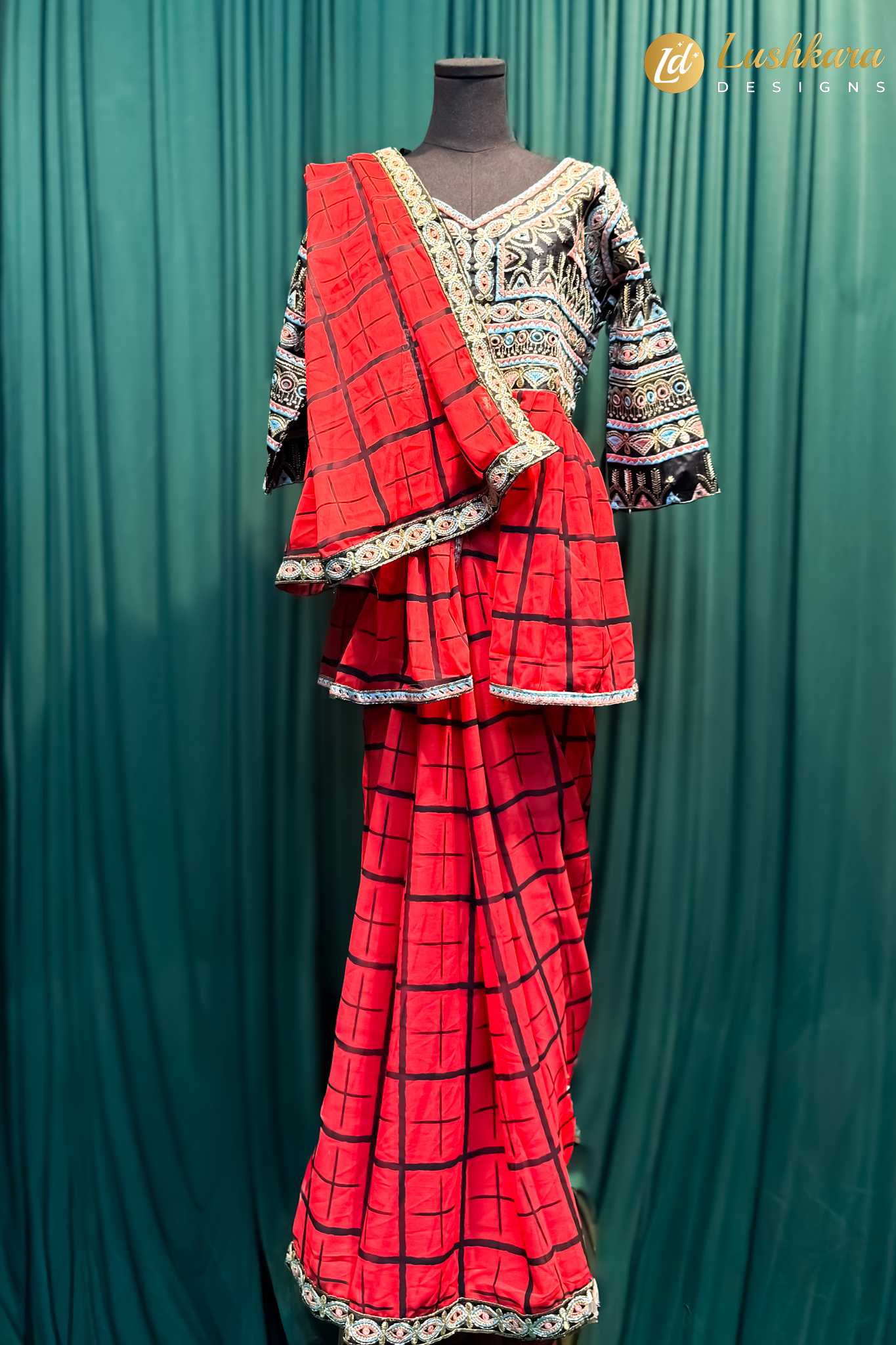 Lushkara Red Checkered Saree With Heavy Embroidered Blouse