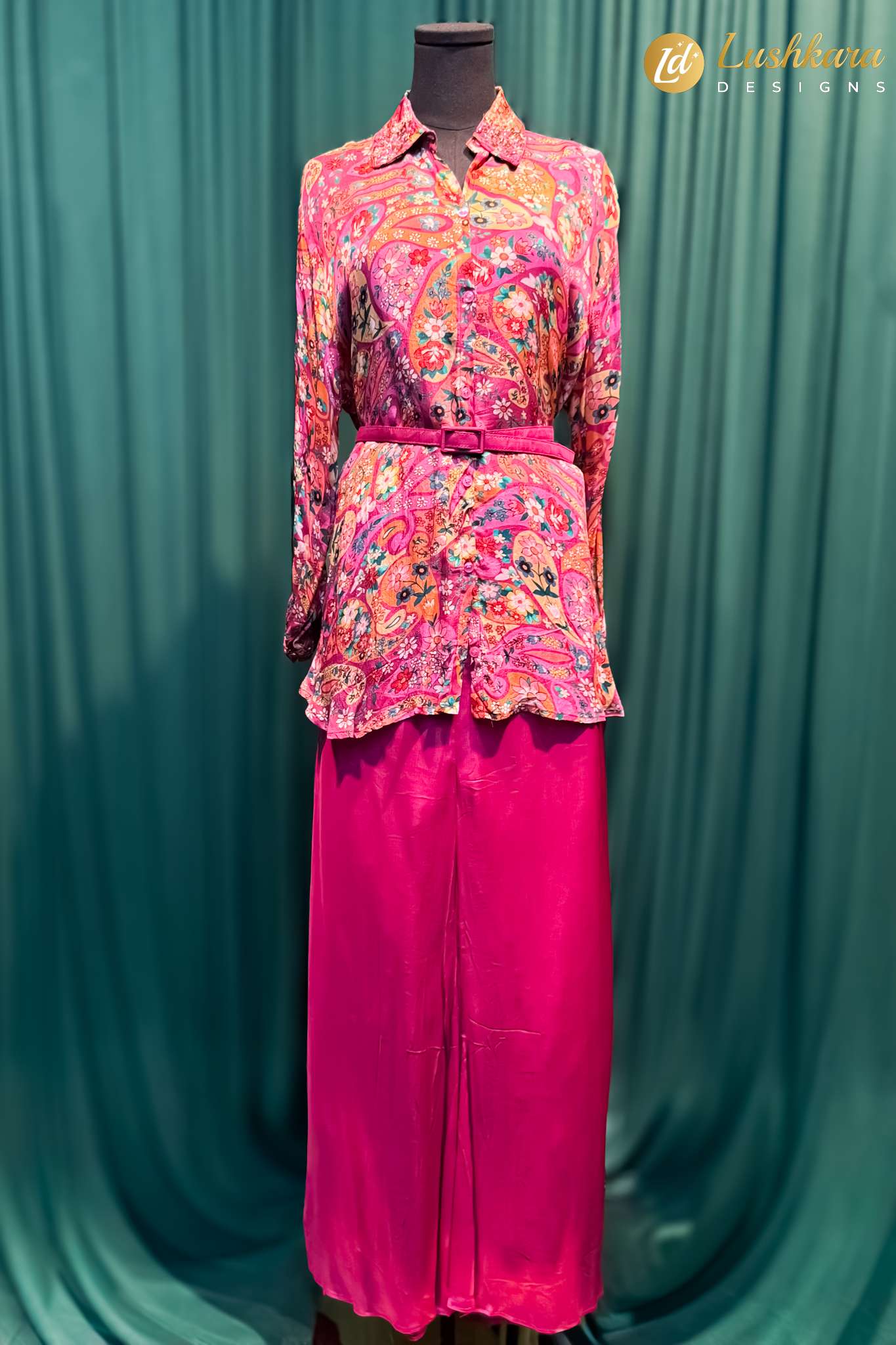 Lushkara Pink Printed Indo Western Shirt & Skirt Set