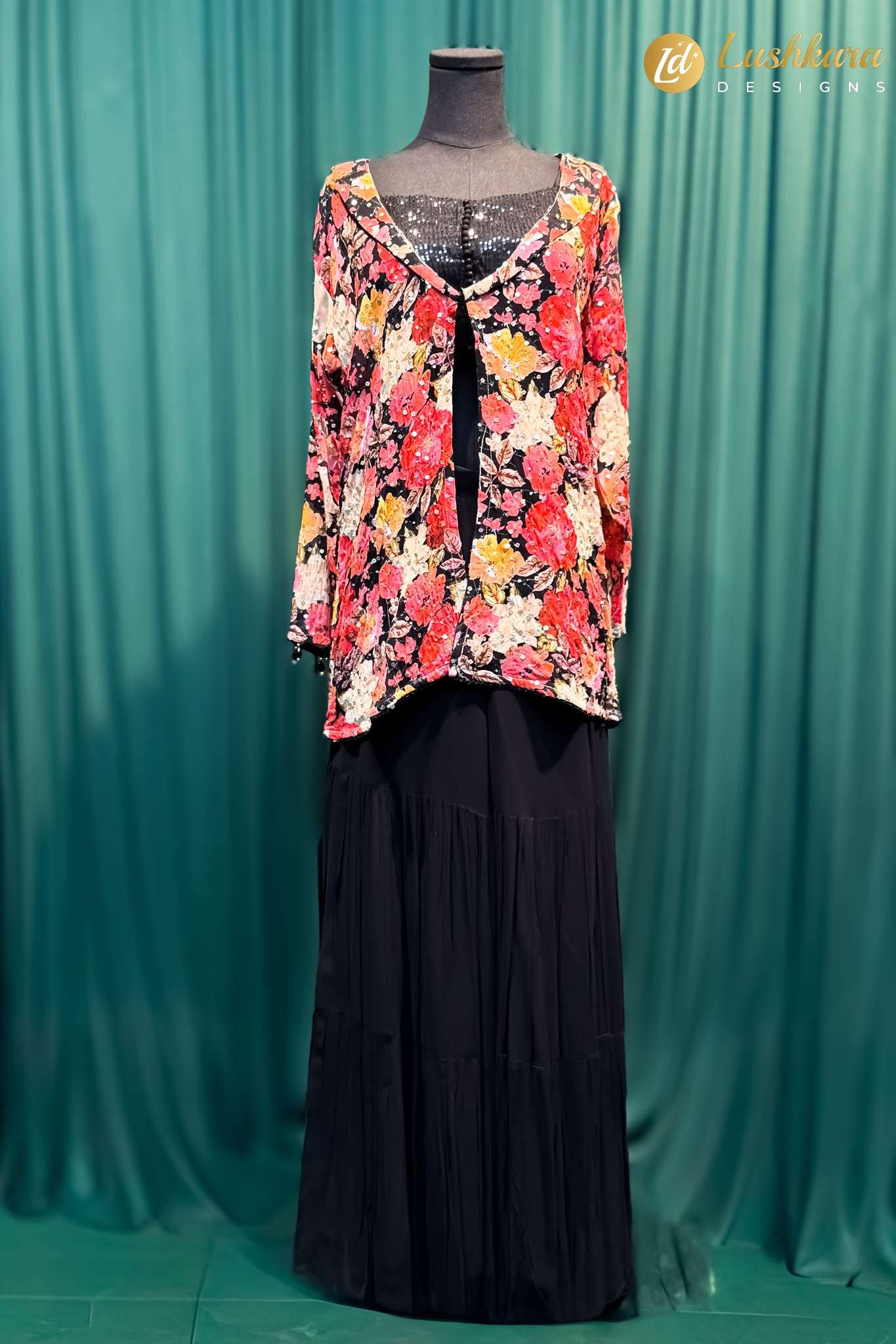 Lushkara Floral Indo Western Top With Black Skirt