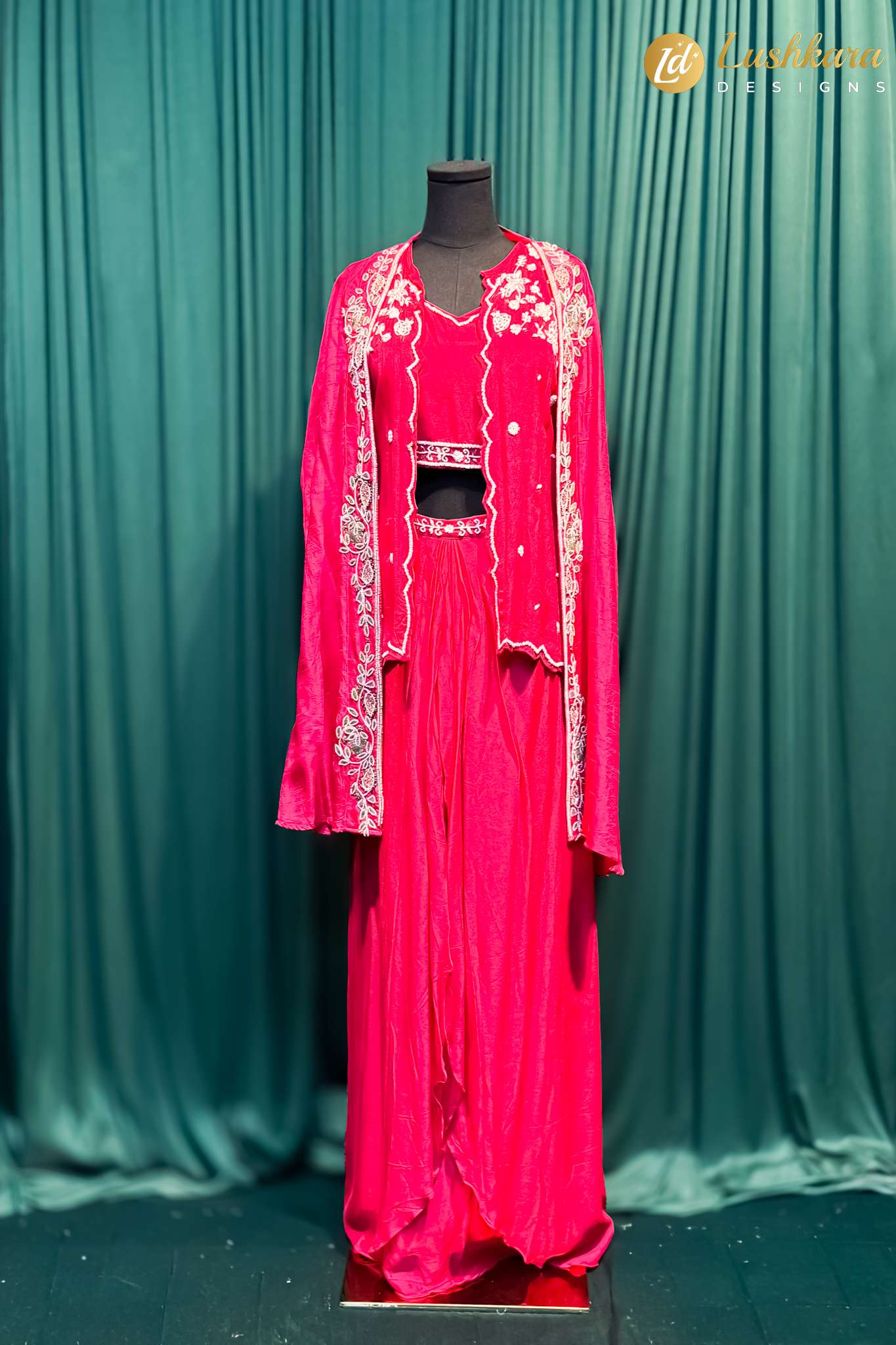 Lushkara Hot Pink Indo Western Cape Set with Embroidery