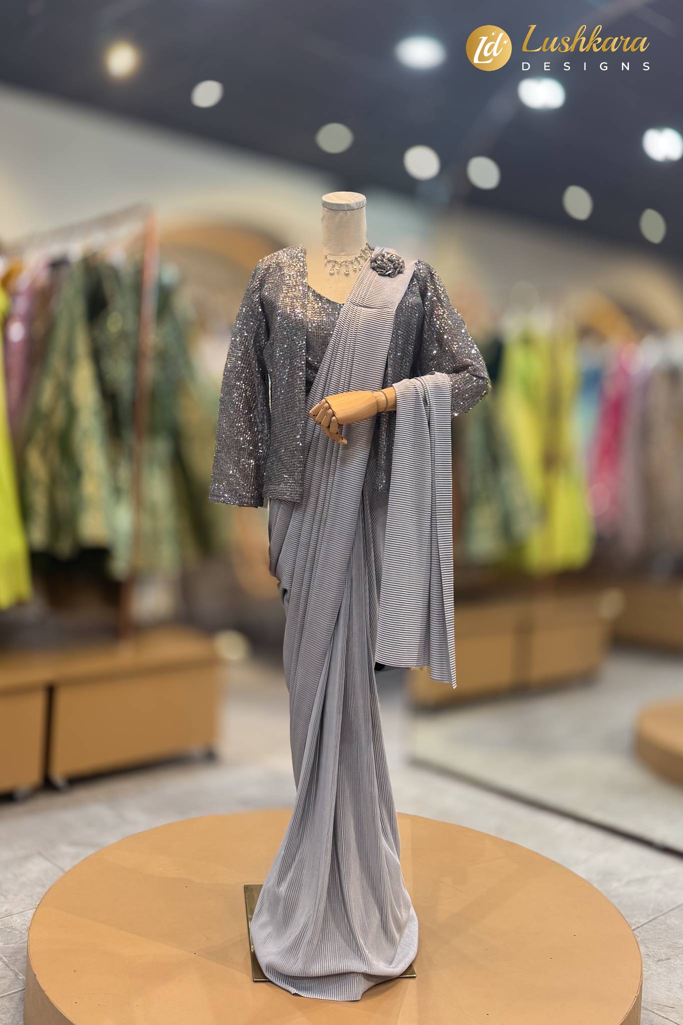 Lushkara Ash Grey Sequin Jacket Saree