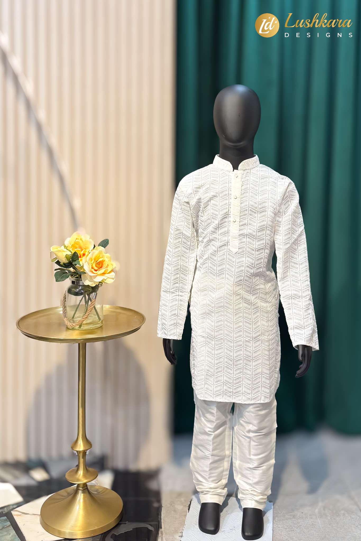 Lushkara Ivory Embroidered Kids Kurta Set