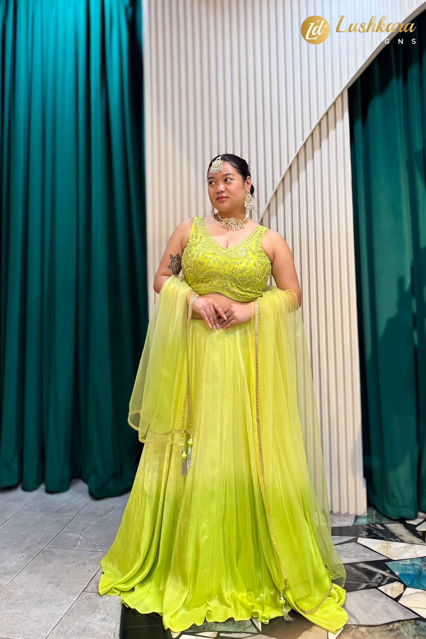 Lushkara Lime Green Embroidered Lehenga with Net Dupatta