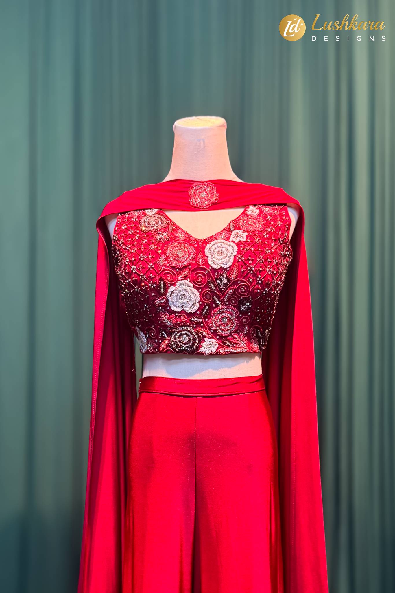 Lushkara Red Embroidered Saree with Draped Dupatta