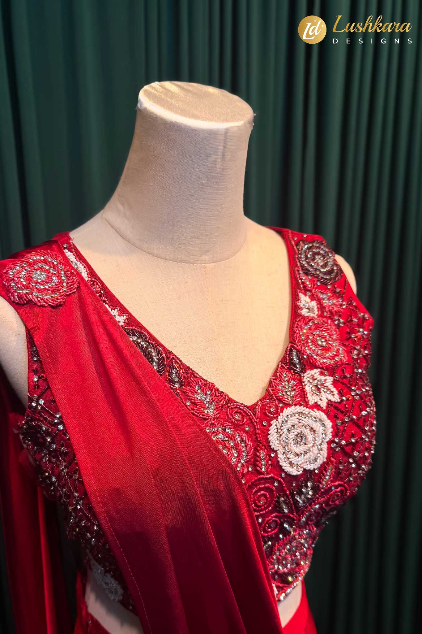 Lushkara Red Embroidered Saree with Draped Dupatta