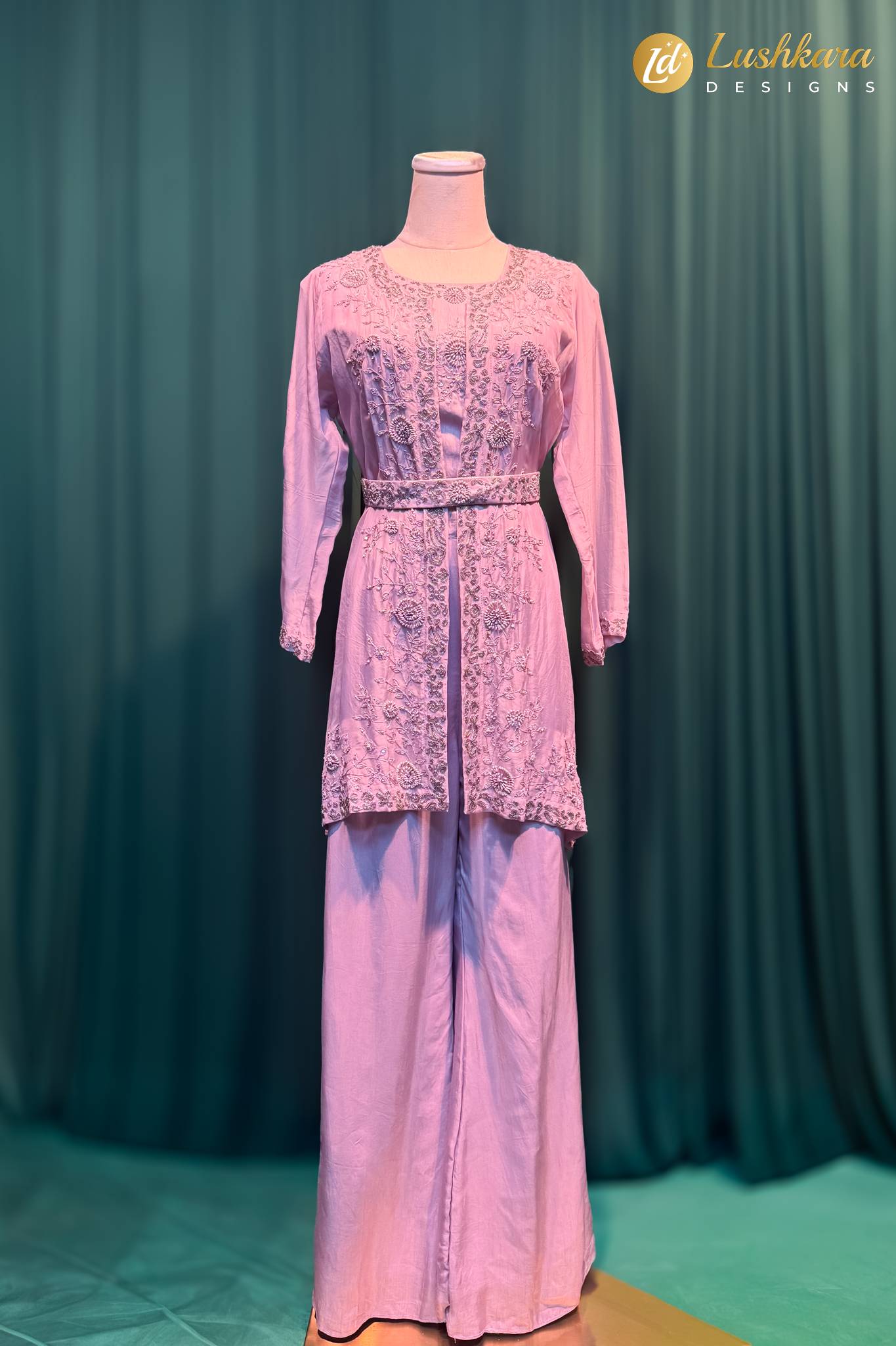 Lushkara Lavender Embroidered Kurta Palazzo Set with Belt