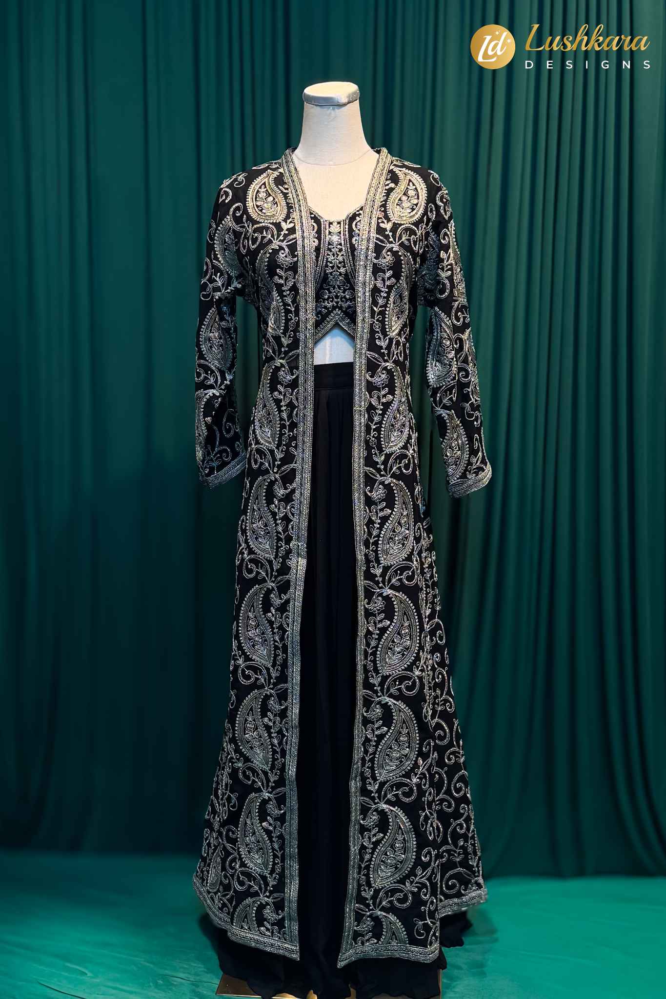 Lushkara Black Embroidered Long Jacket Lehenga Set