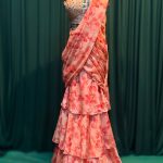 Lushkara Peach Floral Ruffle Saree with Mirror Work Blouse
