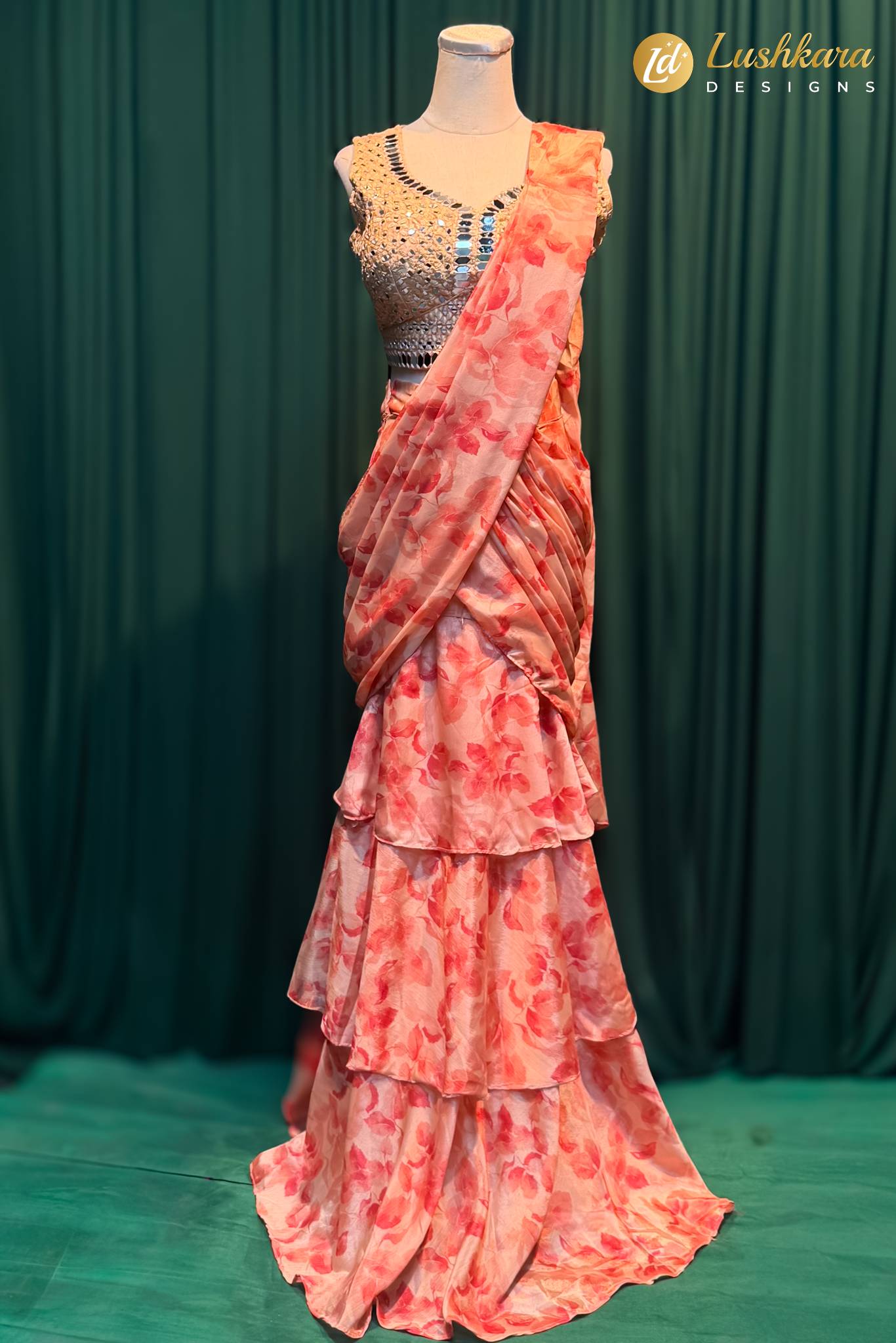 Lushkara Peach Floral Ruffle Saree with Mirror Work Blouse