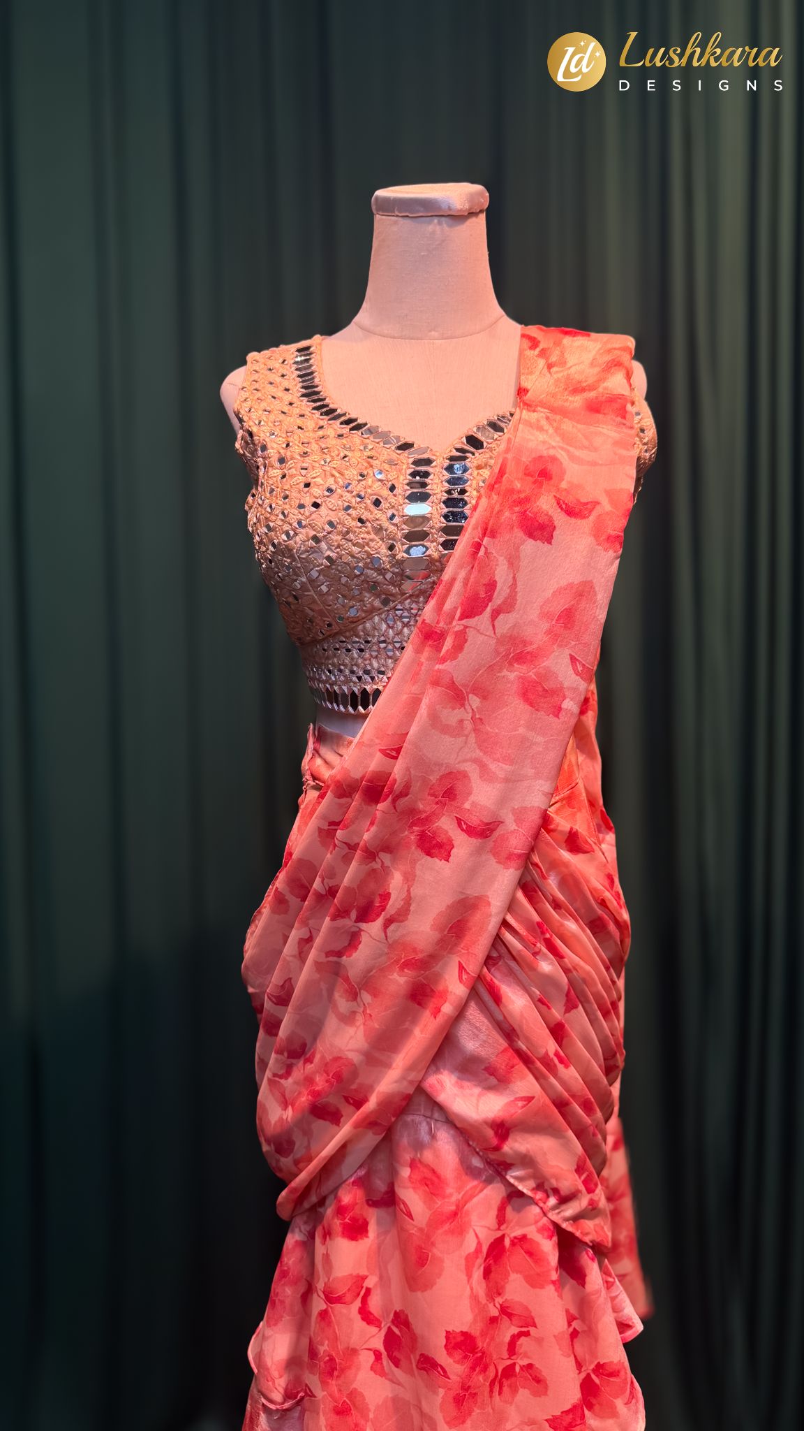 Lushkara Peach Floral Ruffle Saree with Mirror Work Blouse