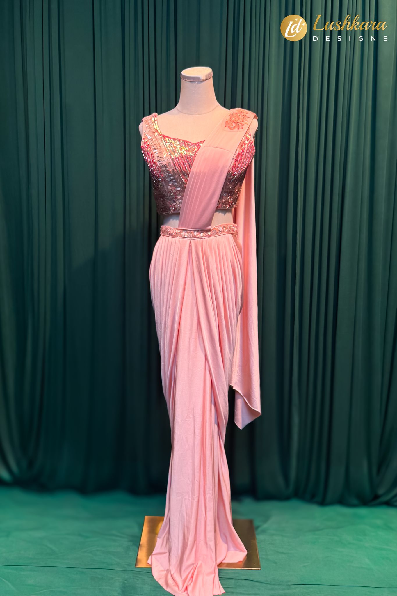 Lushkara Blush Pink Pleated Saree with Sequin Blouse