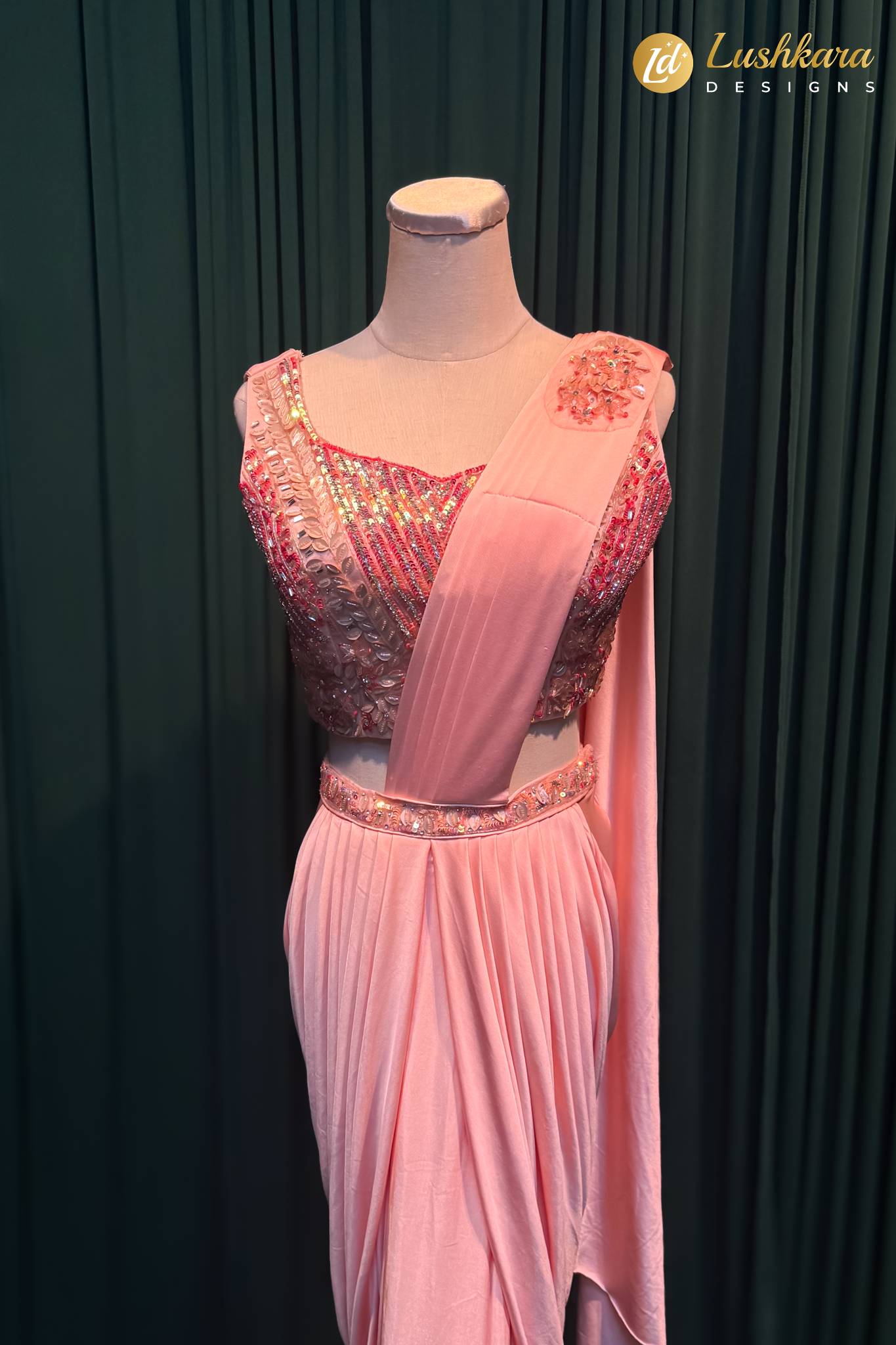 Lushkara Blush Pink Pleated Saree with Sequin Blouse