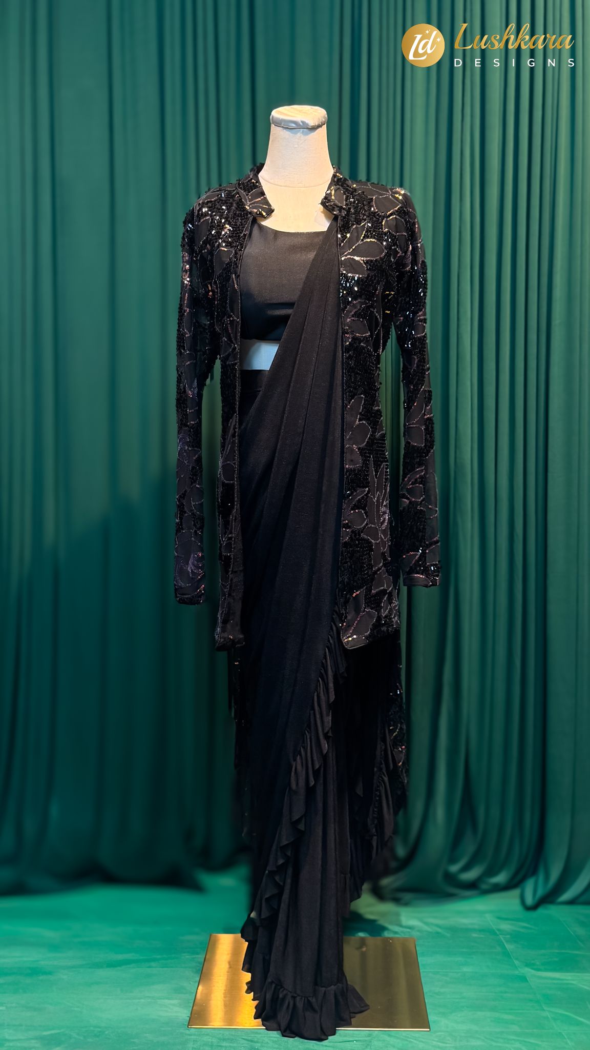 Lushkara Black Ruffled Saree with Sequin Jacket