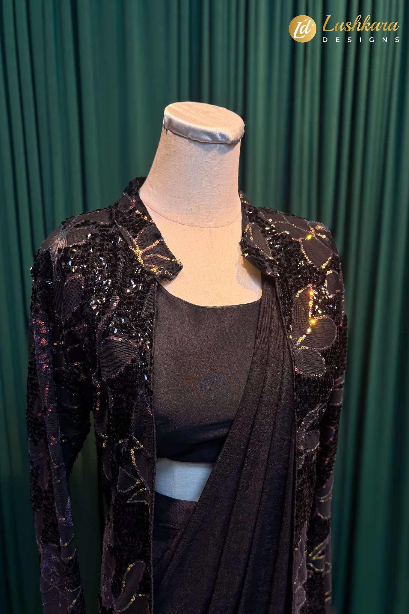 Lushkara Black Ruffled Saree with Sequin Jacket
