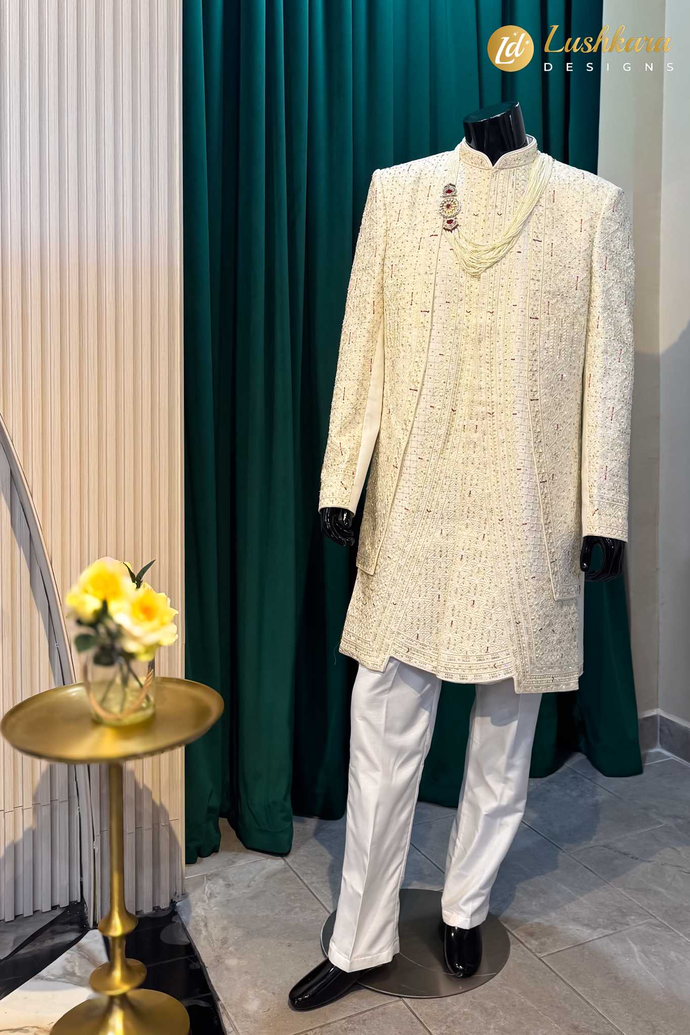 Lushkara Ivory Embroidered Sherwani Set for Men