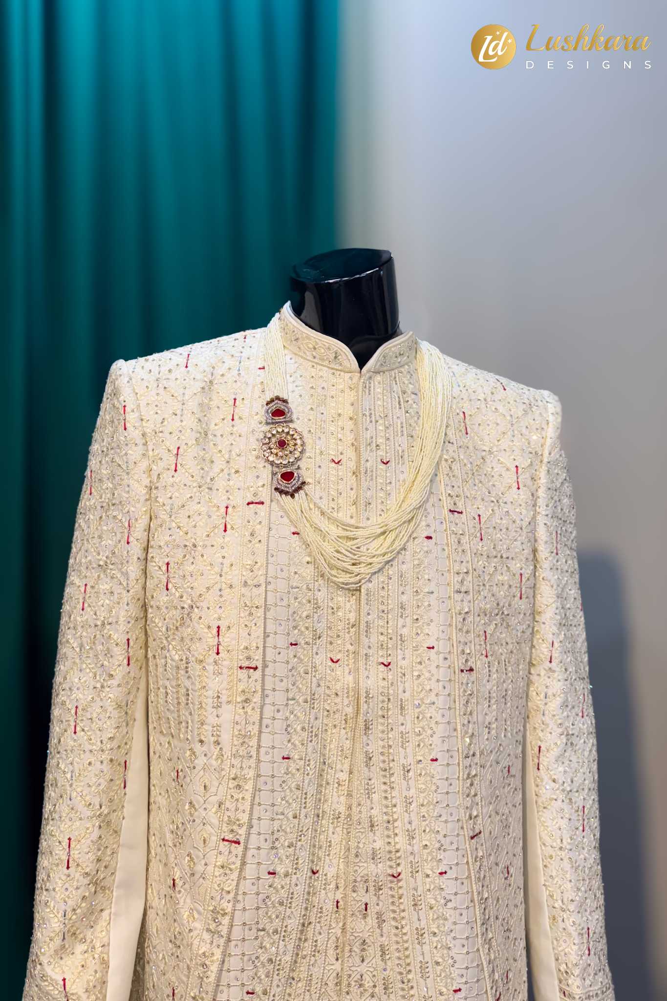 Lushkara Ivory Embroidered Sherwani Set for Men