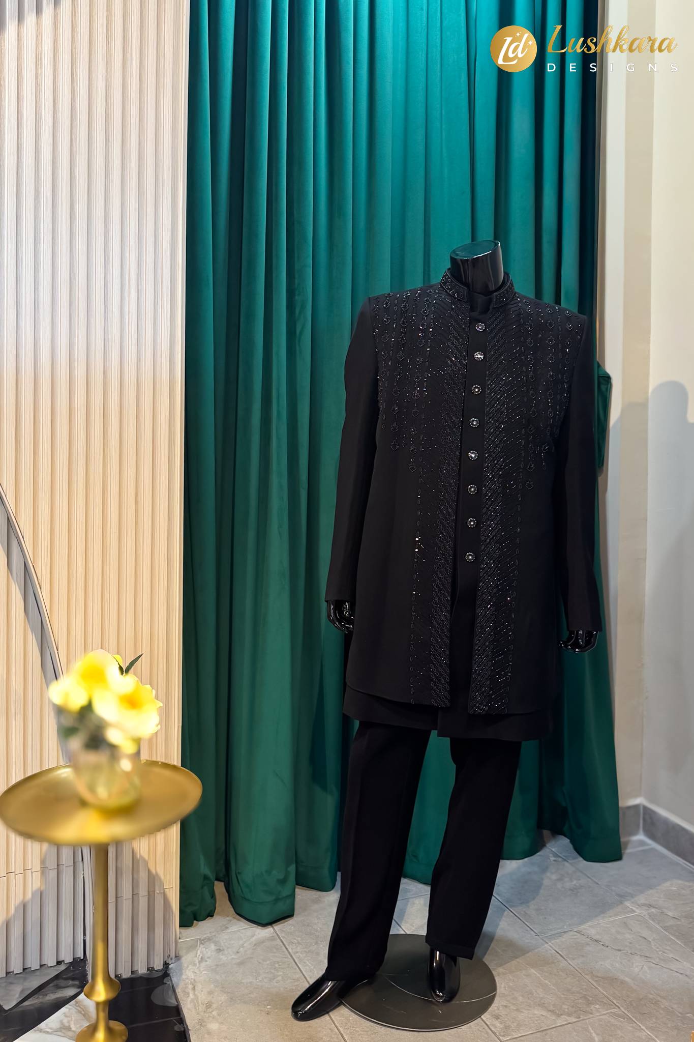 Lushkara Black Embroidered Indo-Western Sherwani Set