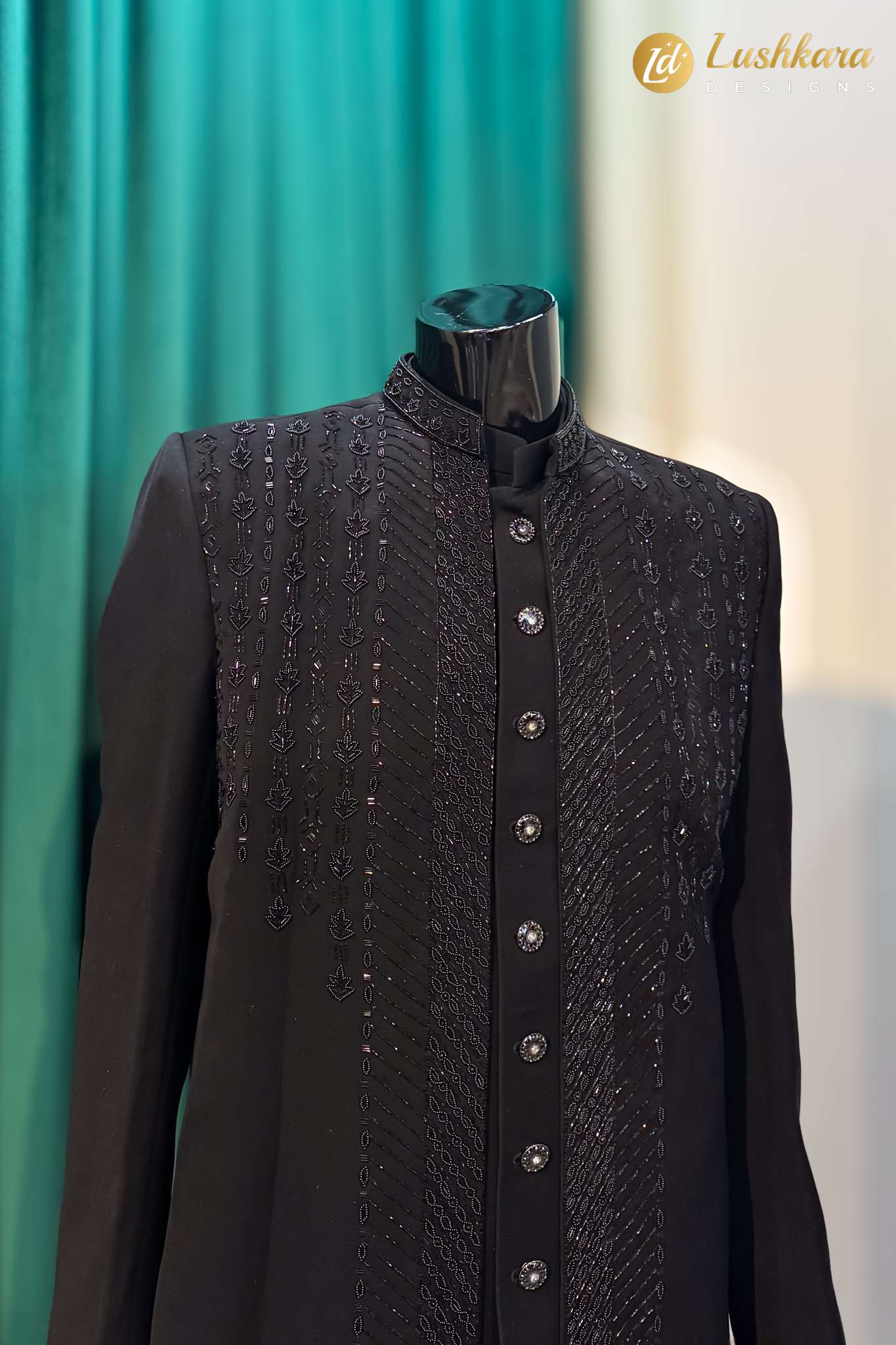 Lushkara Black Embroidered Indo-Western Sherwani Set