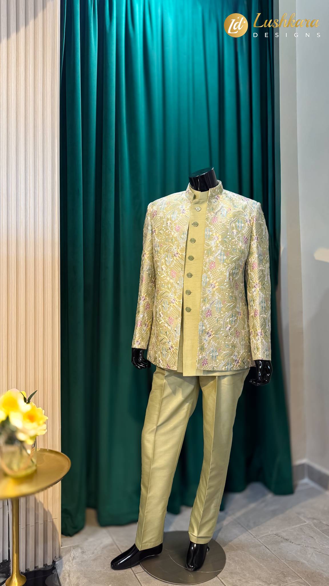 Lushkara Pistachio Floral Embroidered Indo-Western Sherwani