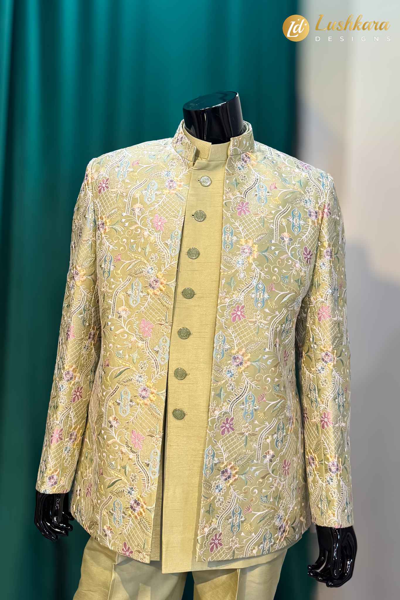 Lushkara Pistachio Floral Embroidered Indo-Western Sherwani