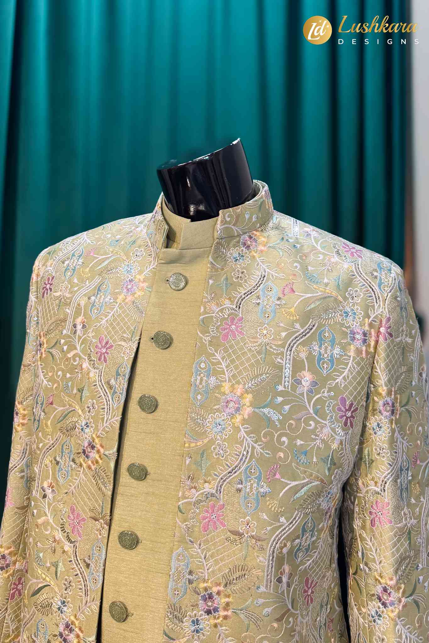 Lushkara Pistachio Floral Embroidered Indo-Western Sherwani