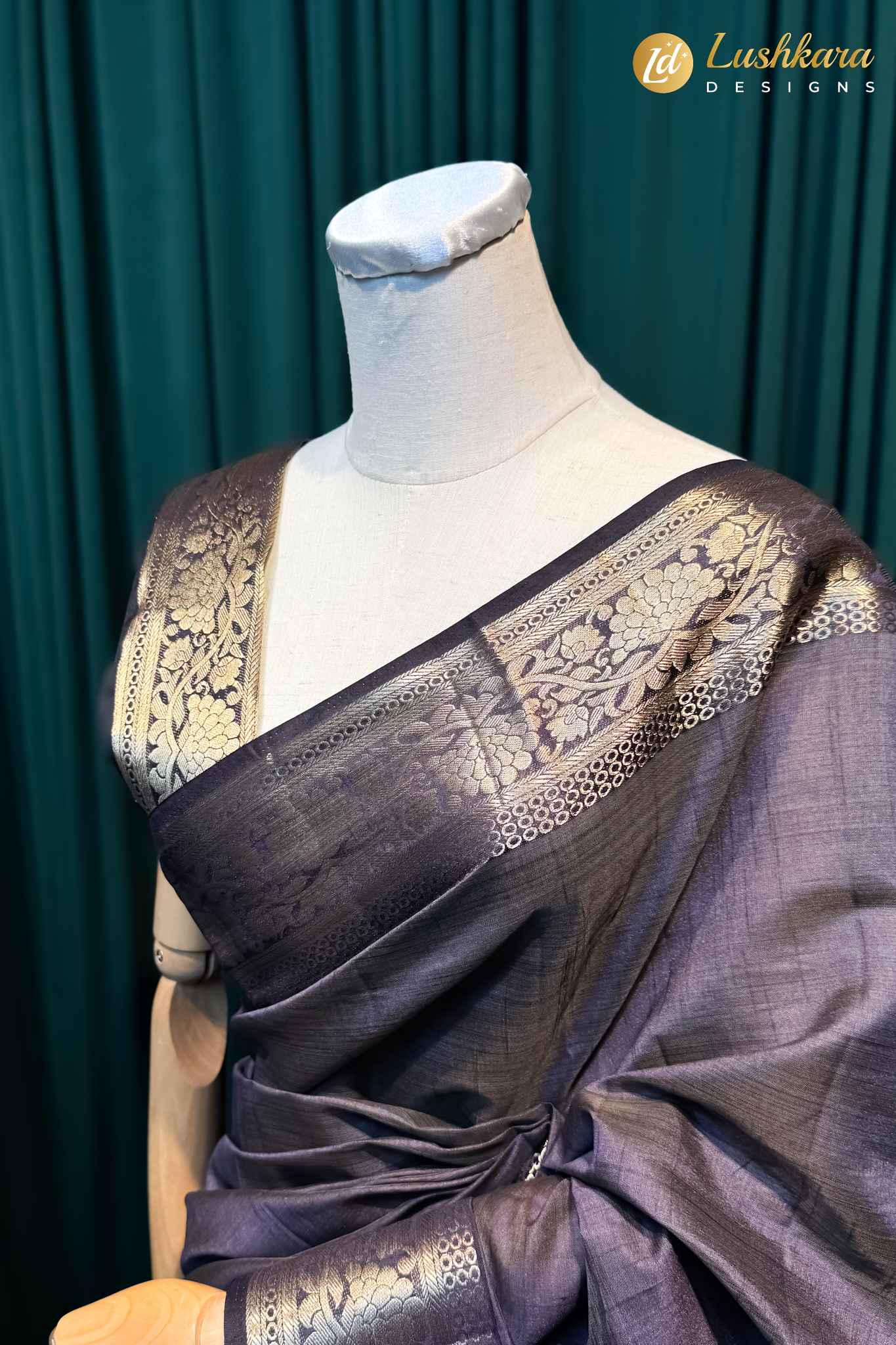 Lushkara Grey Silk Saree with Gold Zari Border