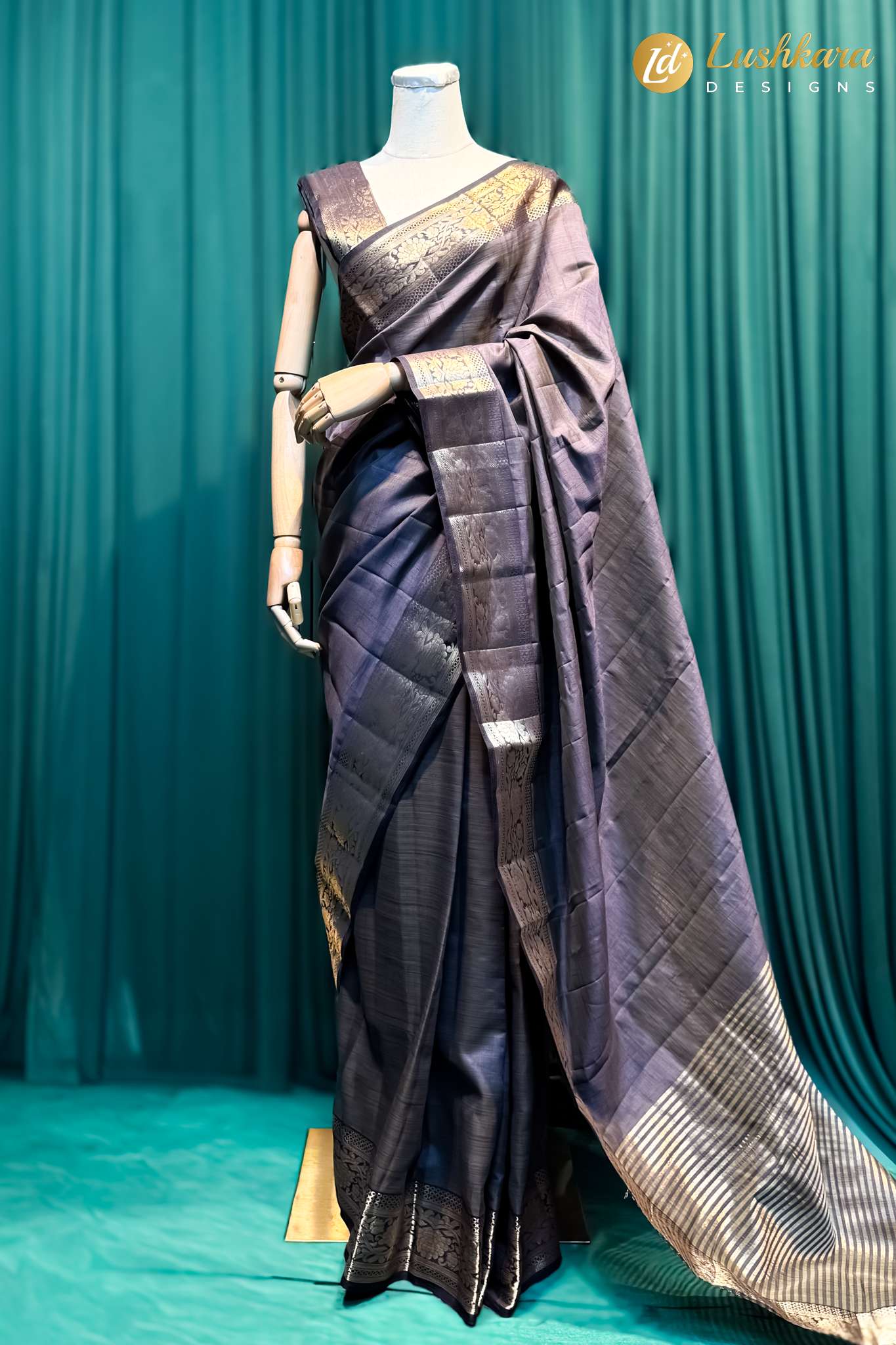 Lushkara Grey Silk Saree with Gold Zari Border