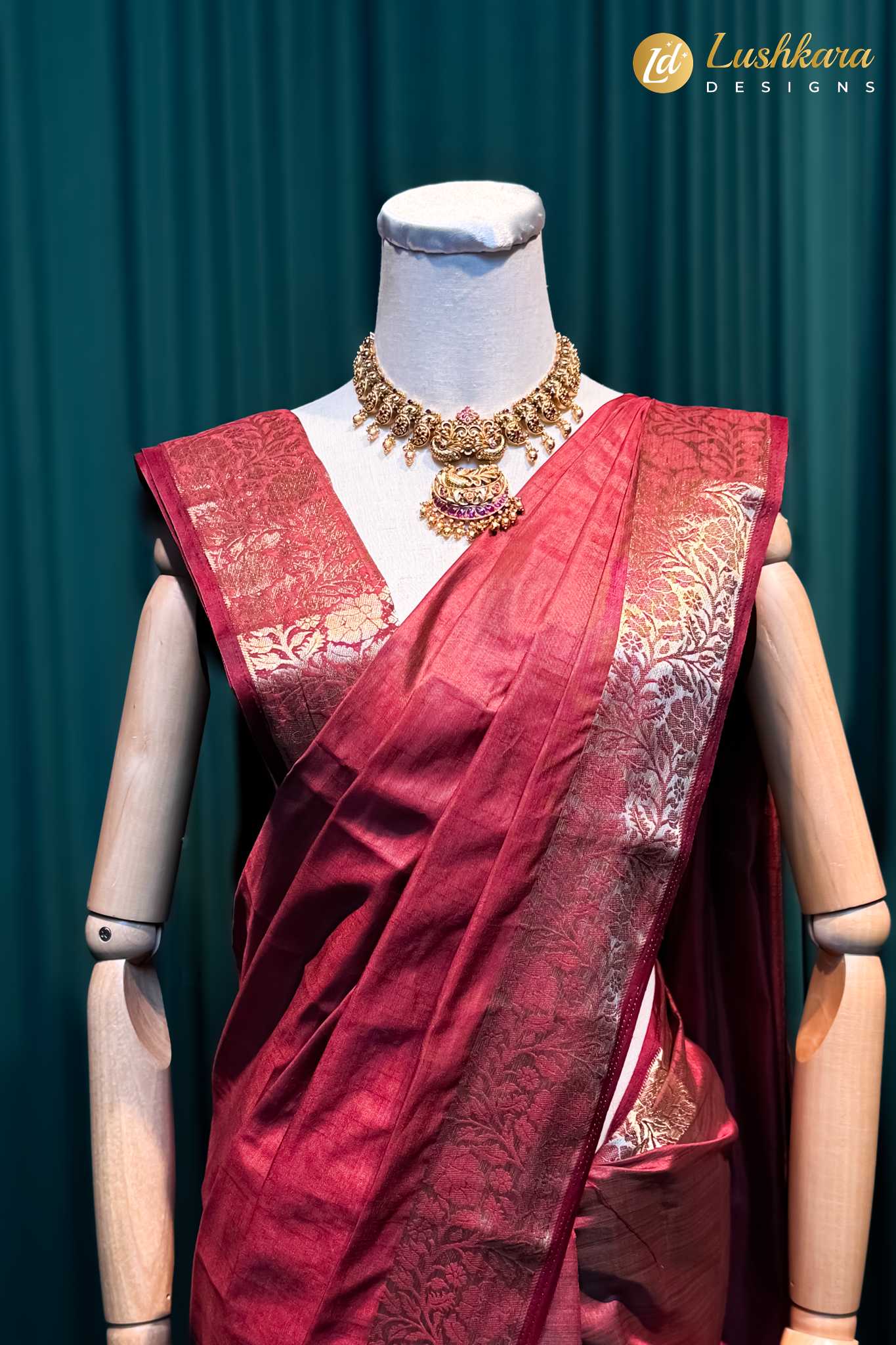 Lushkara Red Silk Saree with Gold Zari Border