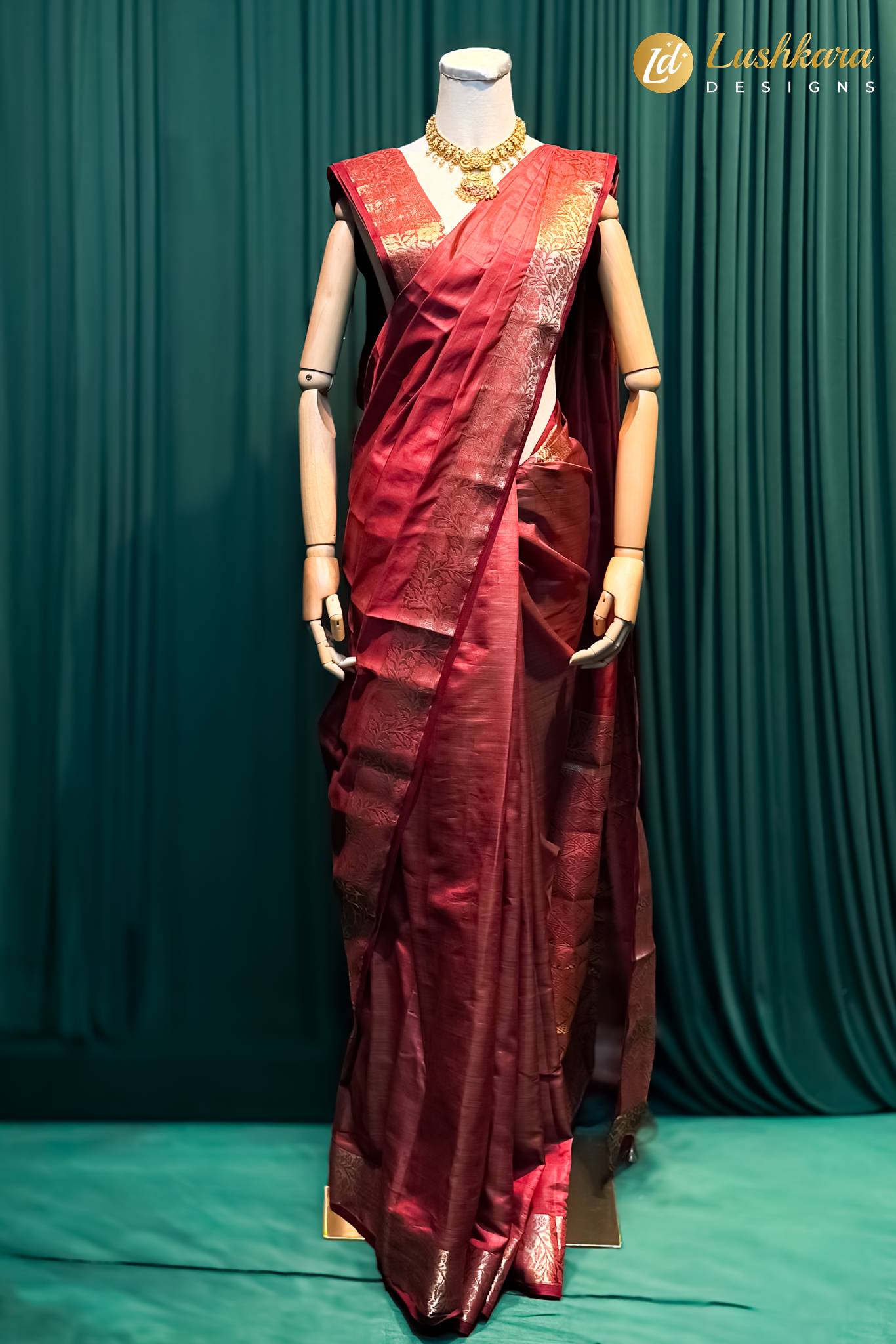 Lushkara Red Silk Saree with Gold Zari Border