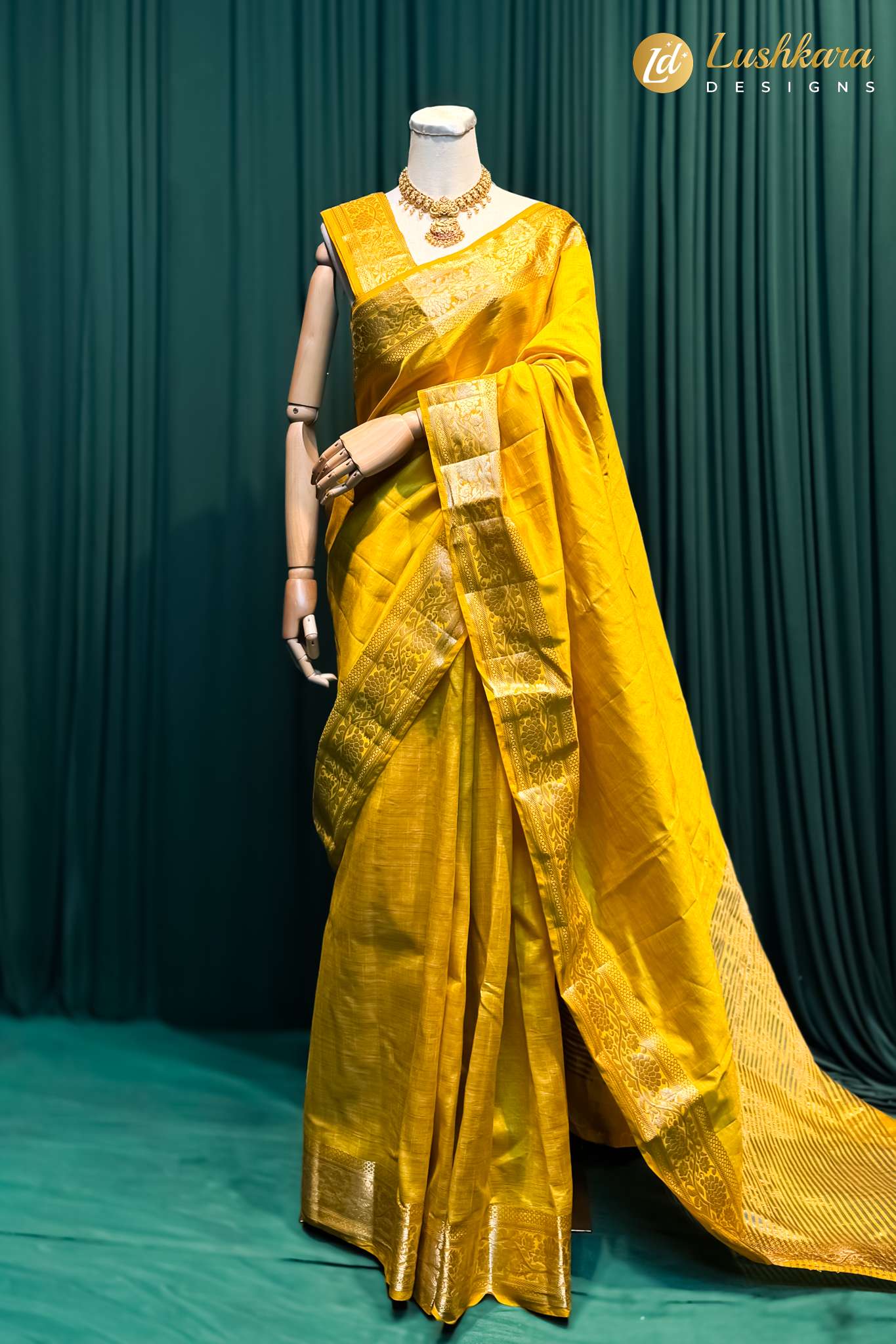 Lushkara Yellow Silk Saree with Gold Zari Border