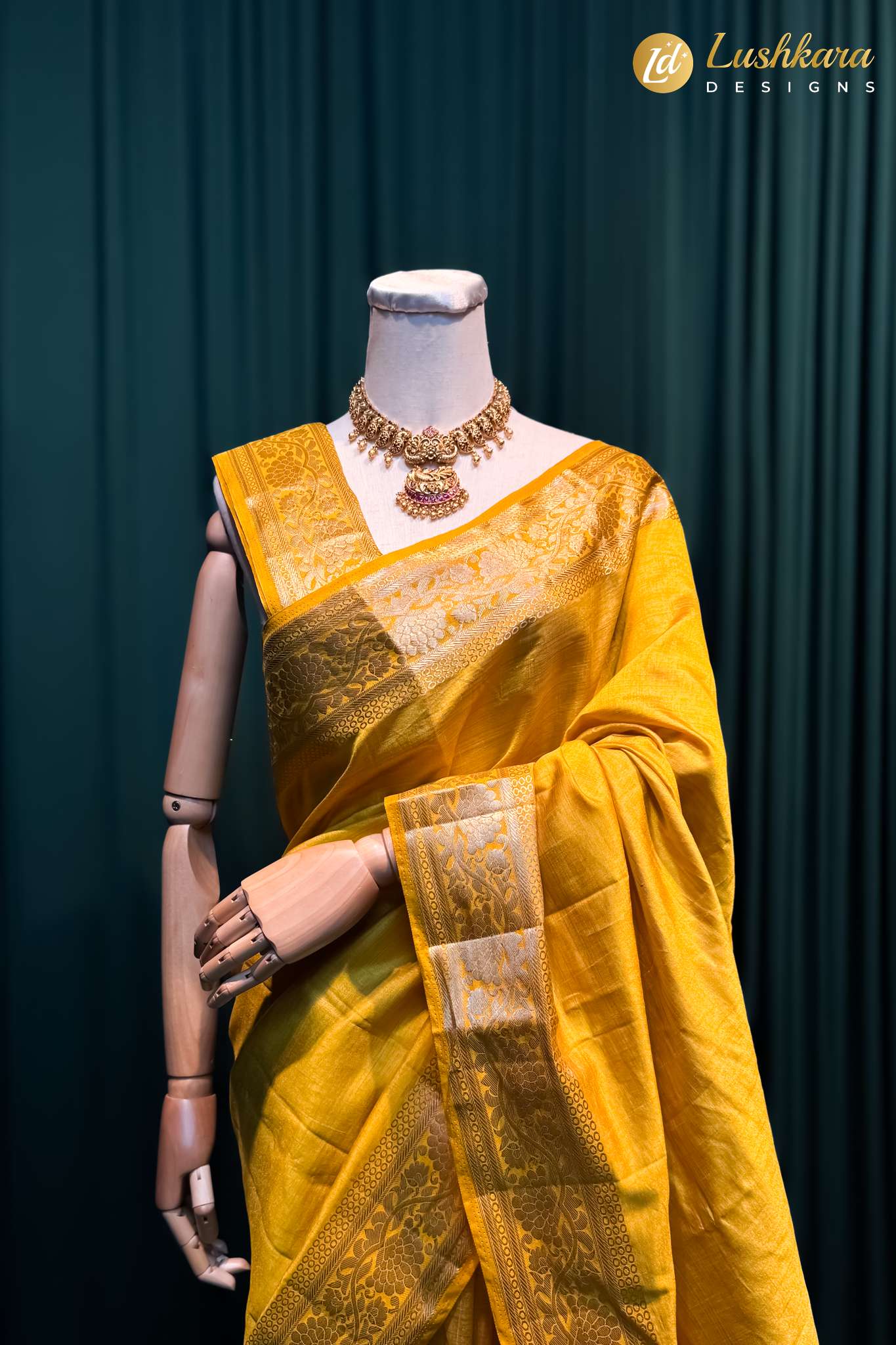 Lushkara Yellow Silk Saree with Gold Zari Border