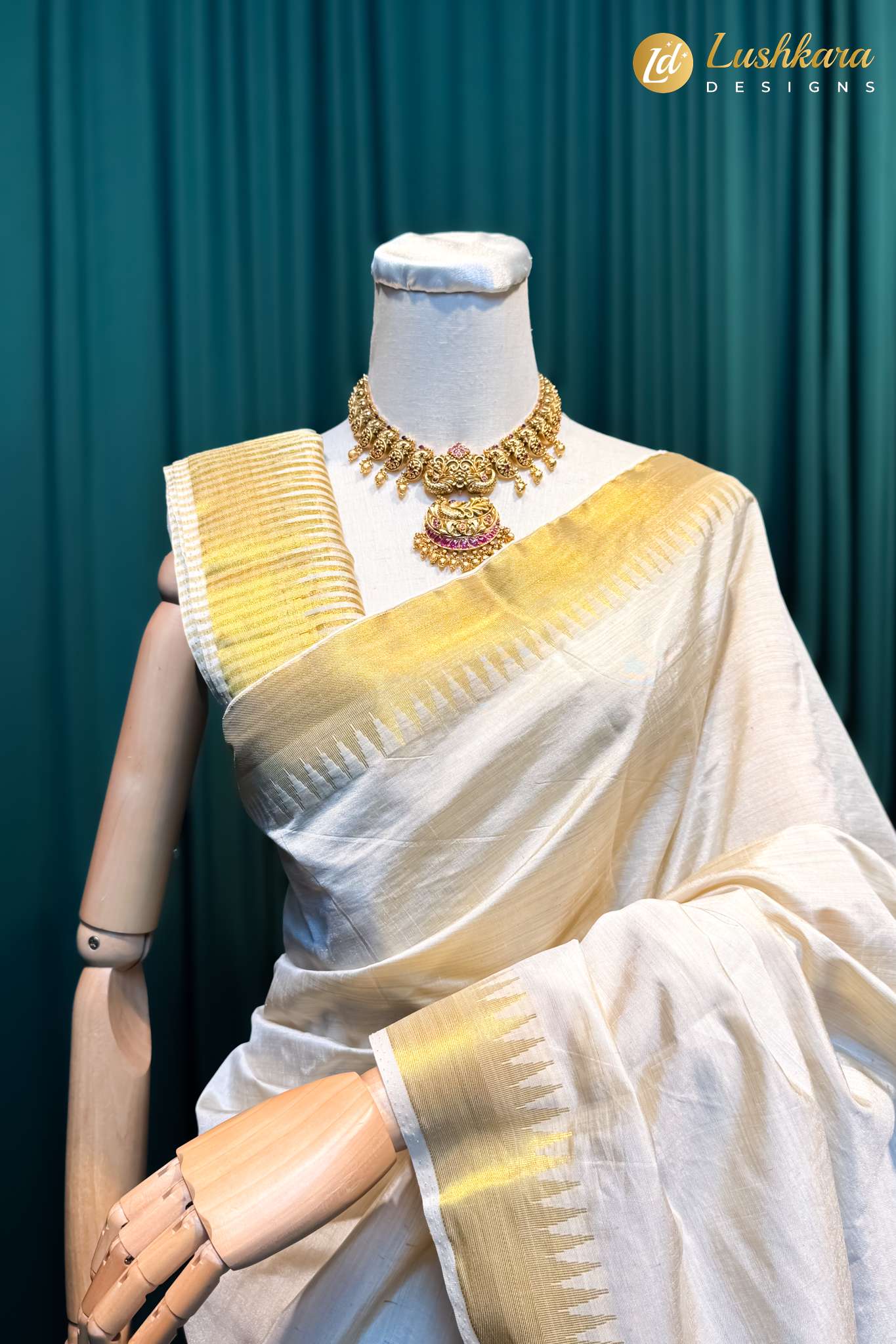 Lushkara White Silk Saree with Gold Border