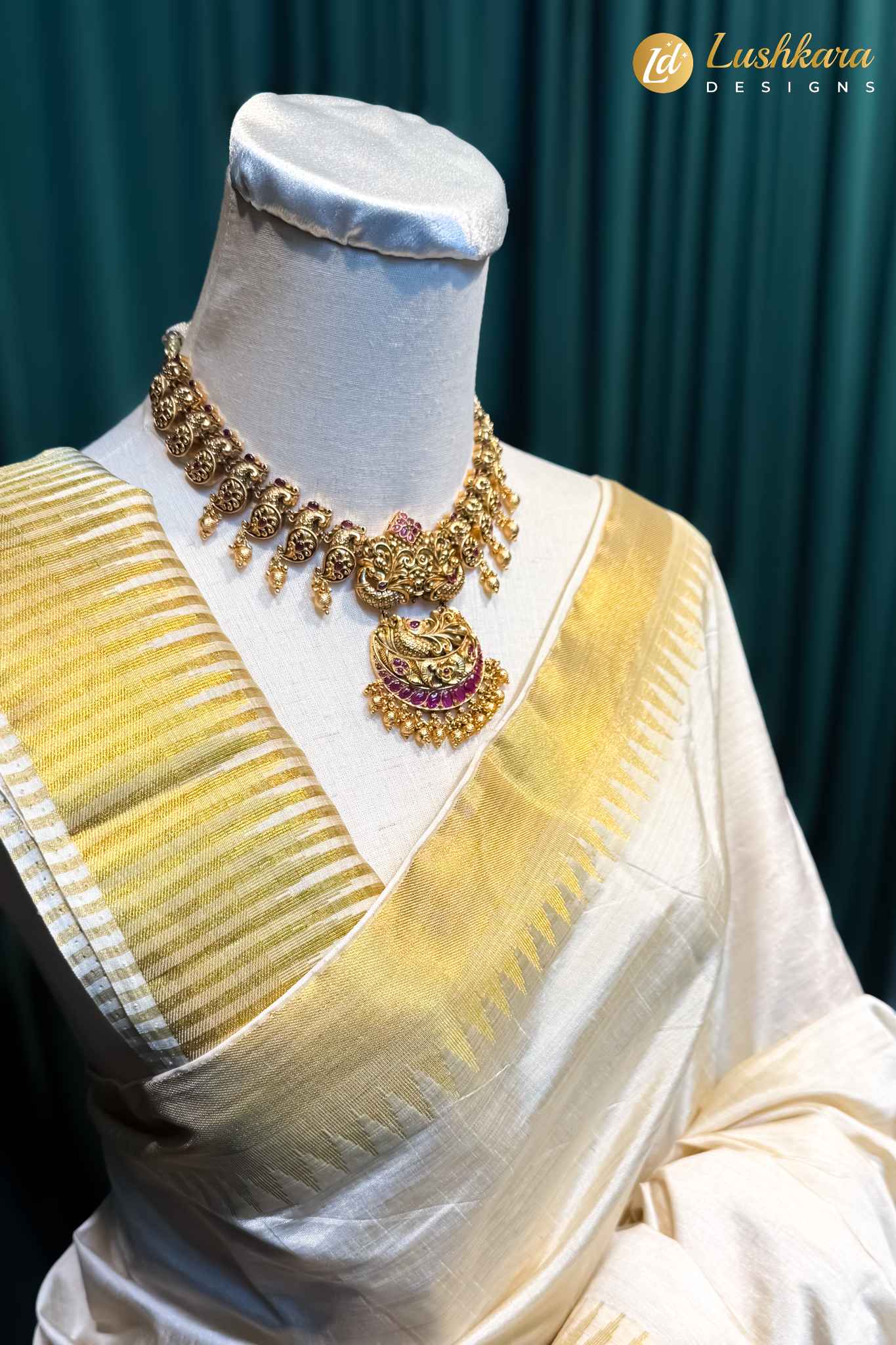 Lushkara White Silk Saree with Gold Border