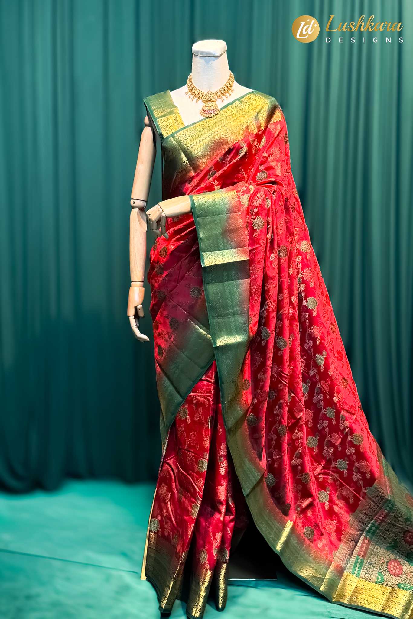 Lushkara Red Banarasi Silk Saree with Green Zari Border
