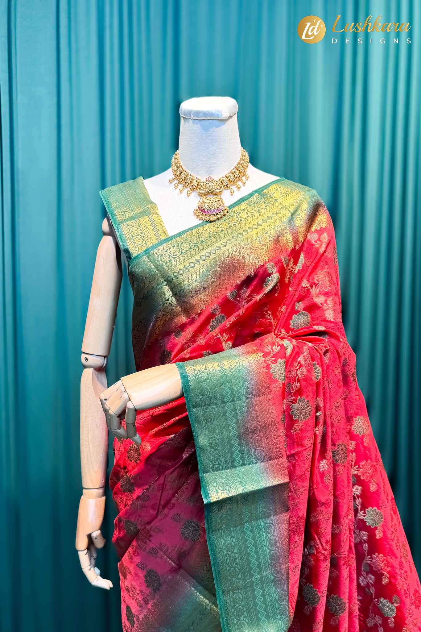Lushkara Red Banarasi Silk Saree with Green Zari Border