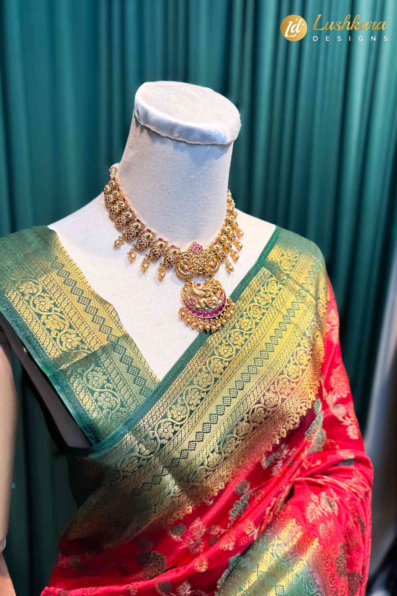 Lushkara Red Banarasi Silk Saree with Green Zari Border