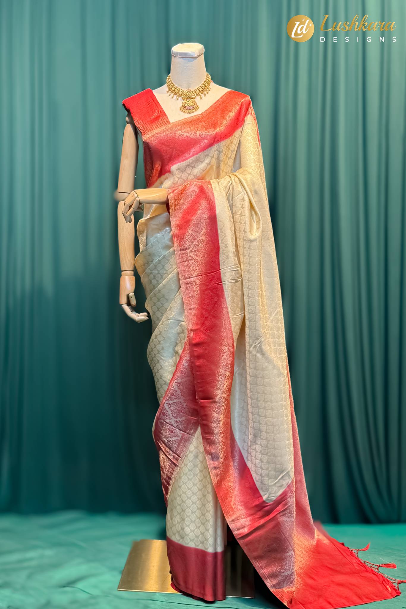 Lushkara Cream Banarasi Silk Saree with Red Woven Border