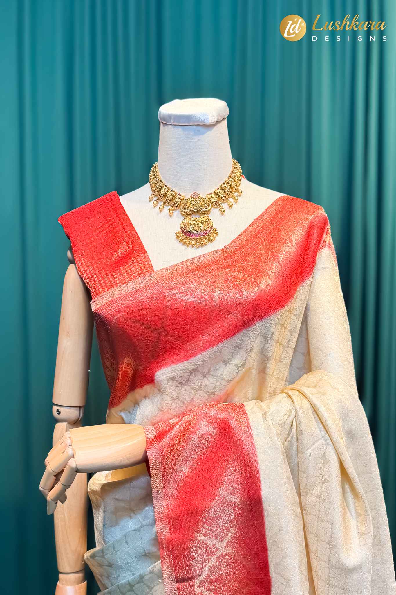 Lushkara Cream Banarasi Silk Saree with Red Woven Border