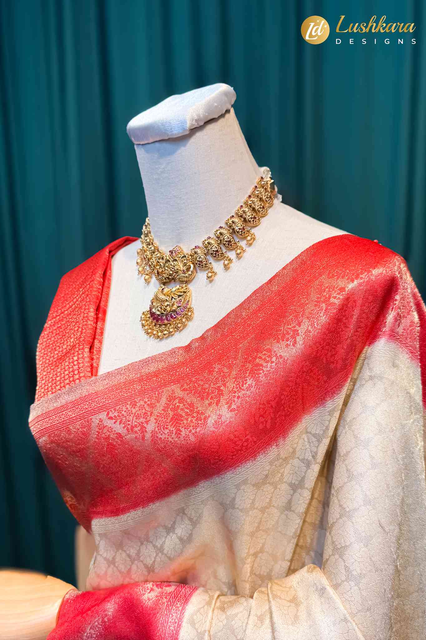 Lushkara Cream Banarasi Silk Saree with Red Woven Border