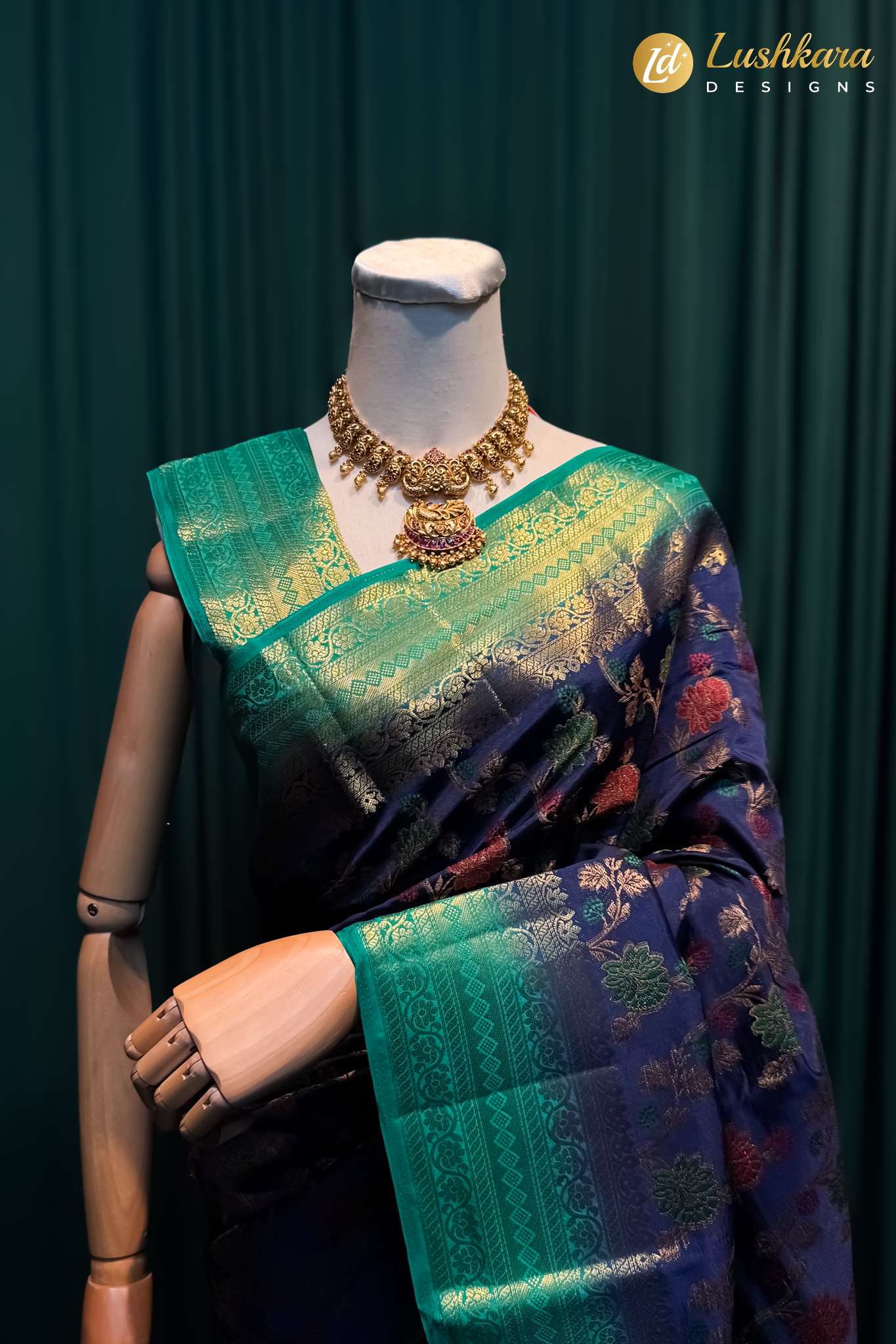 Lushkara Bottle Green & Red Banarasi Silk Saree - Image 2