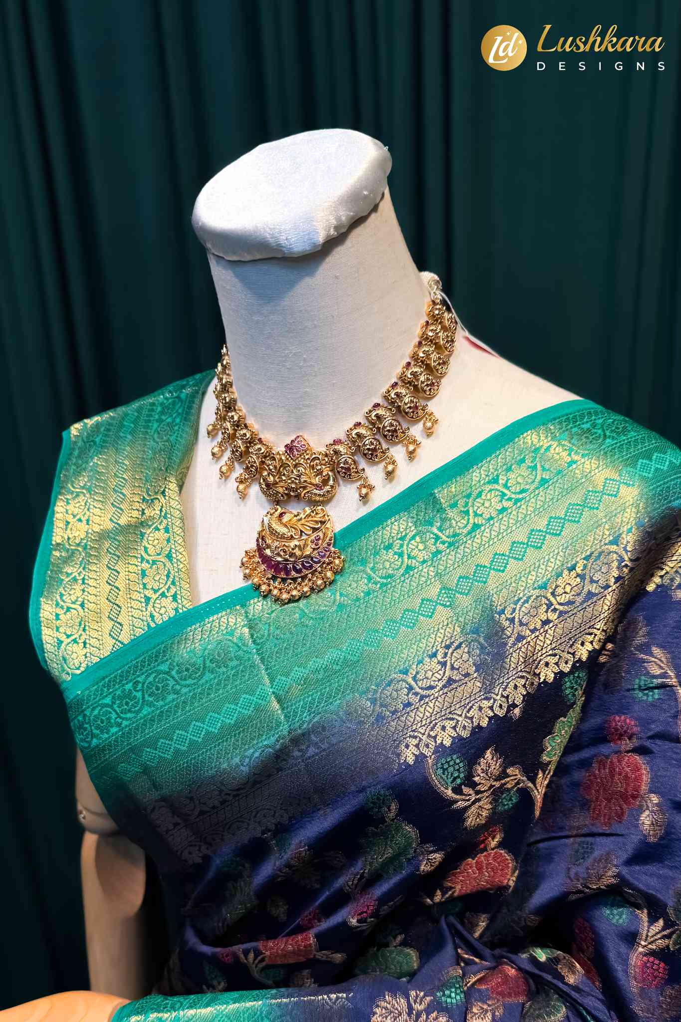 Lushkara Bottle Green & Red Banarasi Silk Saree - Image 3