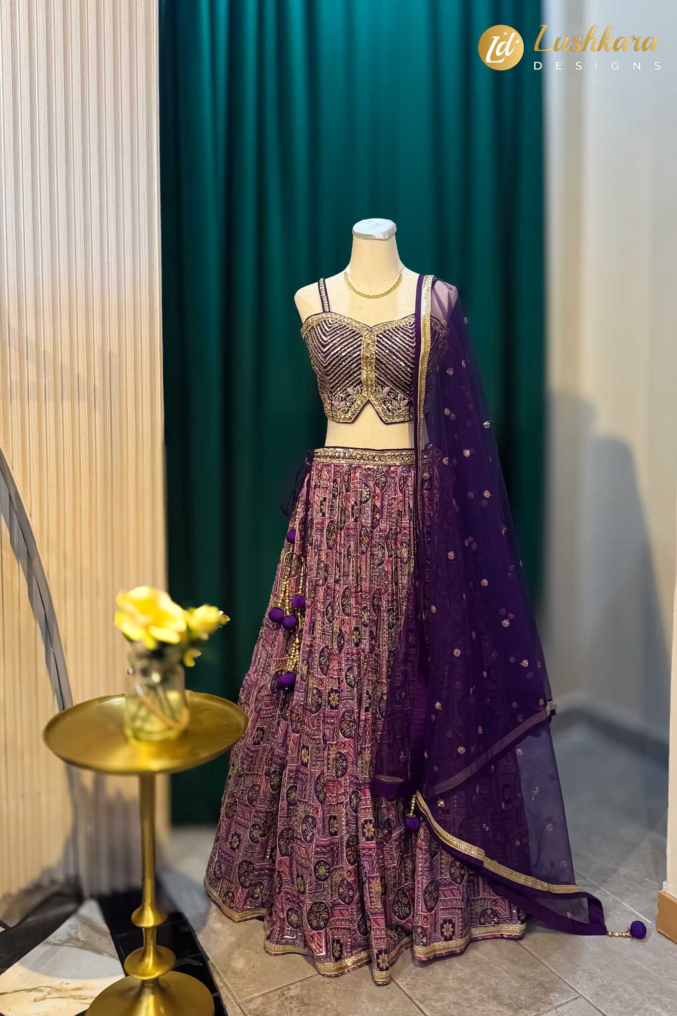 Lushkara Purple Printed Lehenga Set with Embellished Blouse