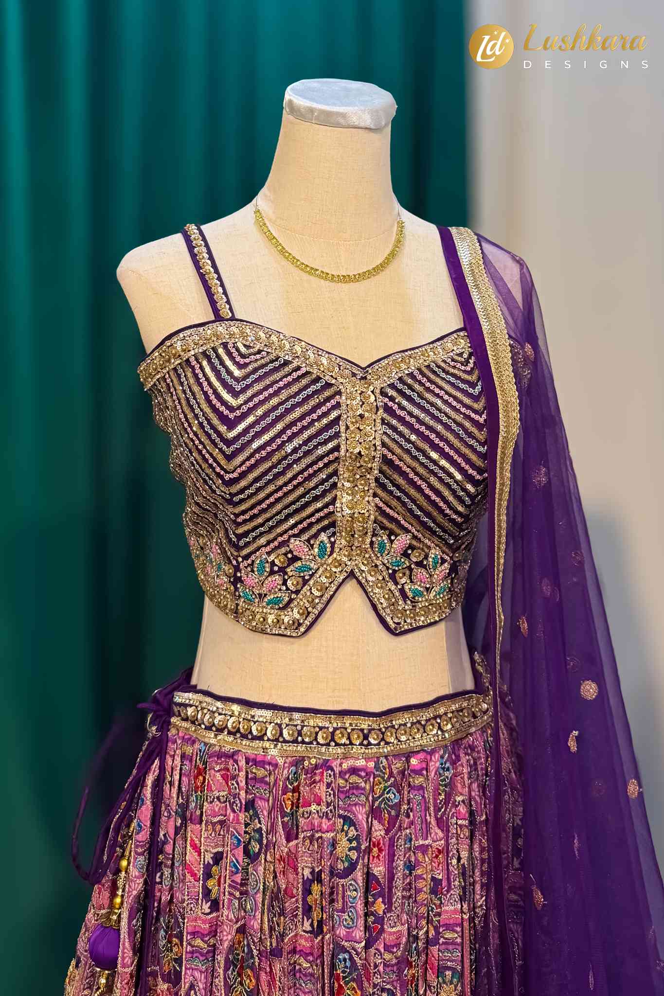 Lushkara Purple Printed Lehenga Set with Embellished Blouse