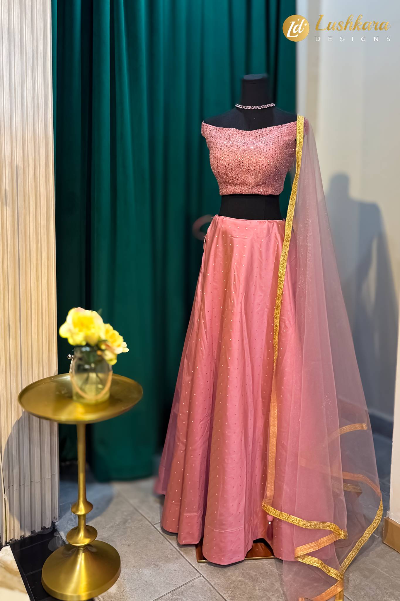 Lushkara Blush Pink Embellished Lehenga Set with Net Dupatta